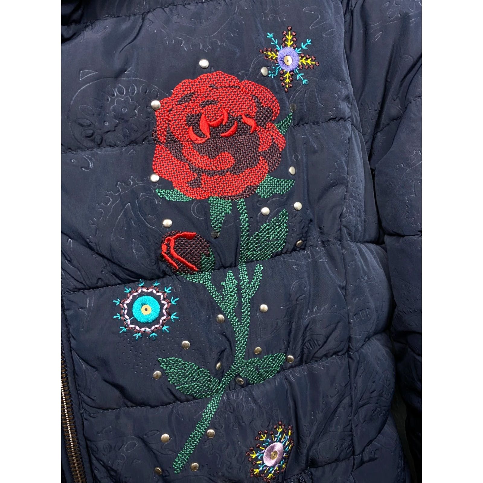 Desigual Desigual Puffer Jacket Womens 42 (M) Jacket Blue Floral Embroidered Long Sleeve Zip Vintage: No Women Regular Size 42 XS-XL Size M / US 6-8 / IT 42-44 - 3 Thumbnail