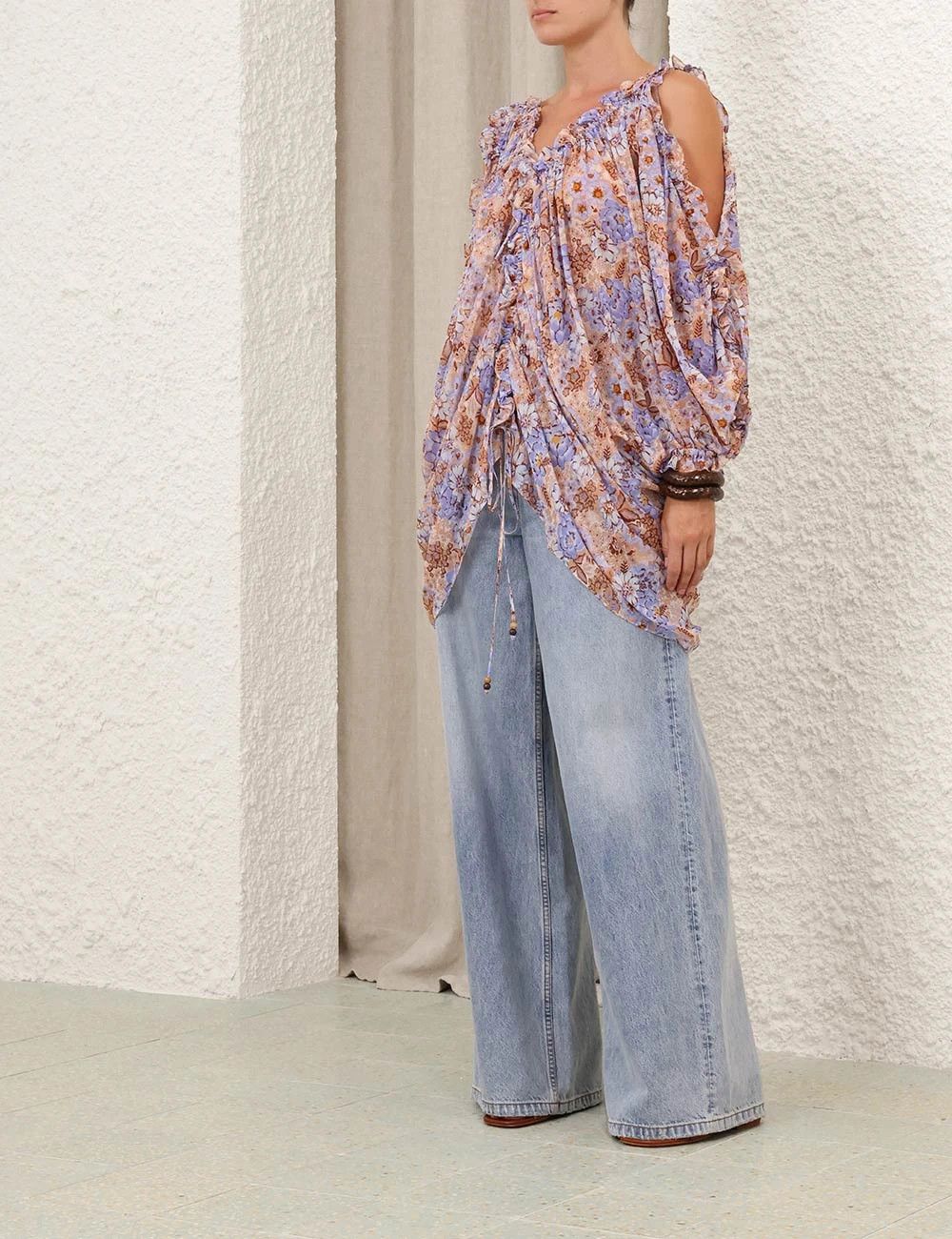 Zimmermann oc11z0226 Dawning Plunge Billow Blouse In Multicolor Size XS / US 0-2 / IT 36-38 - 7 Thumbnail