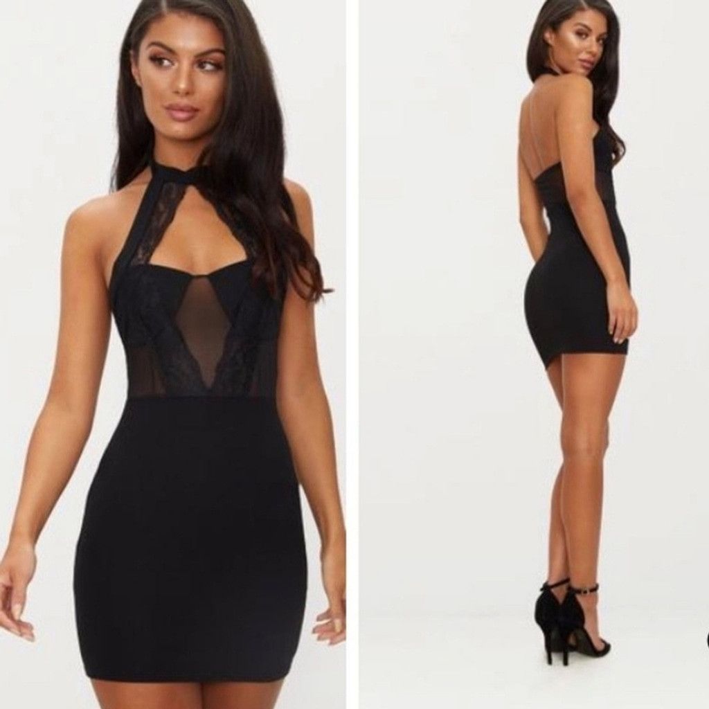 PrettyLittleThing NWT PrettyLittleThing Black LaceTrim High Neck Bodycon Dress Size S / US 4 / IT 40 - 1 Thumbnail