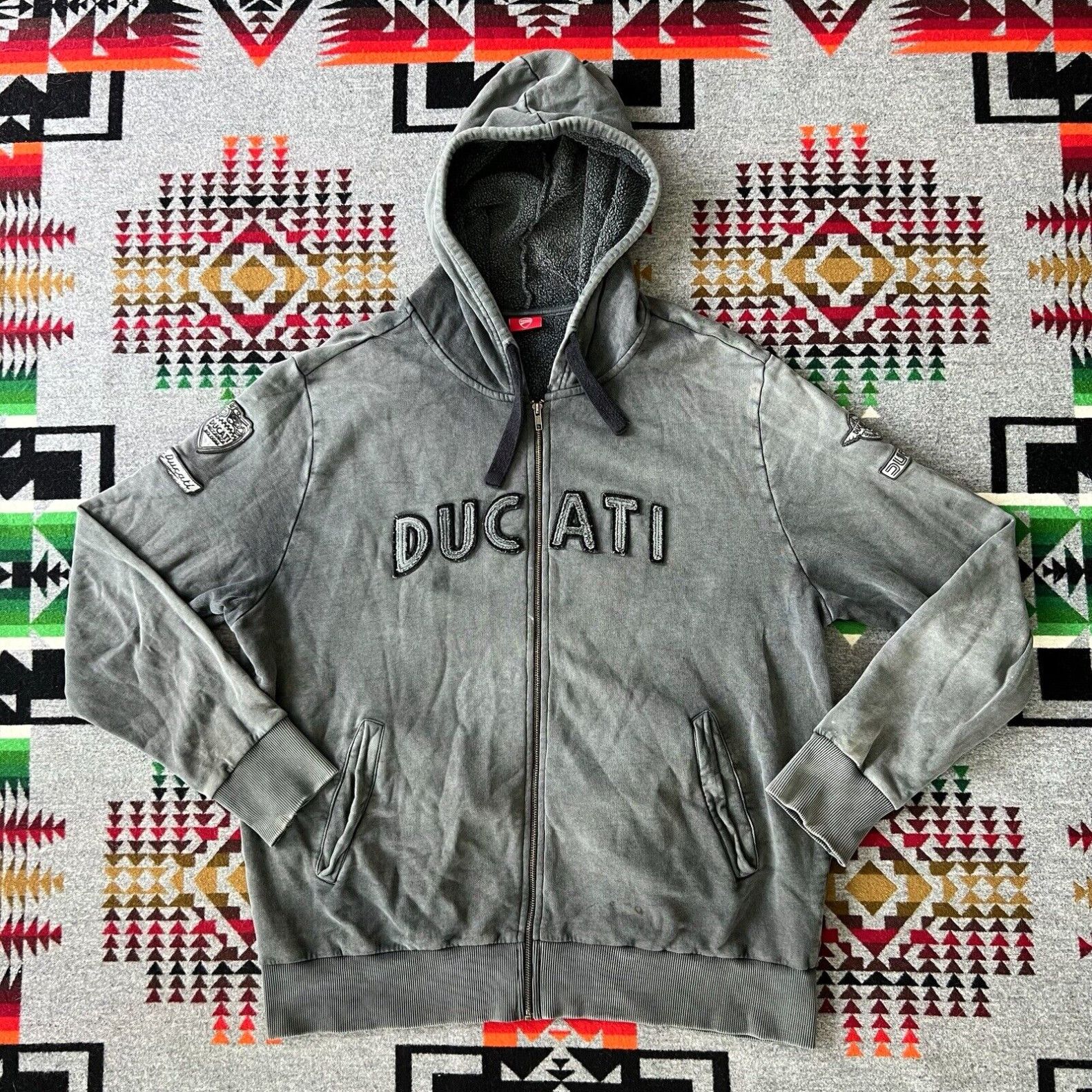 image of Vintage Ducati Hoodie Men's Full Zip Embroidered Meccanica Bologna Size XL Gray C2 in White