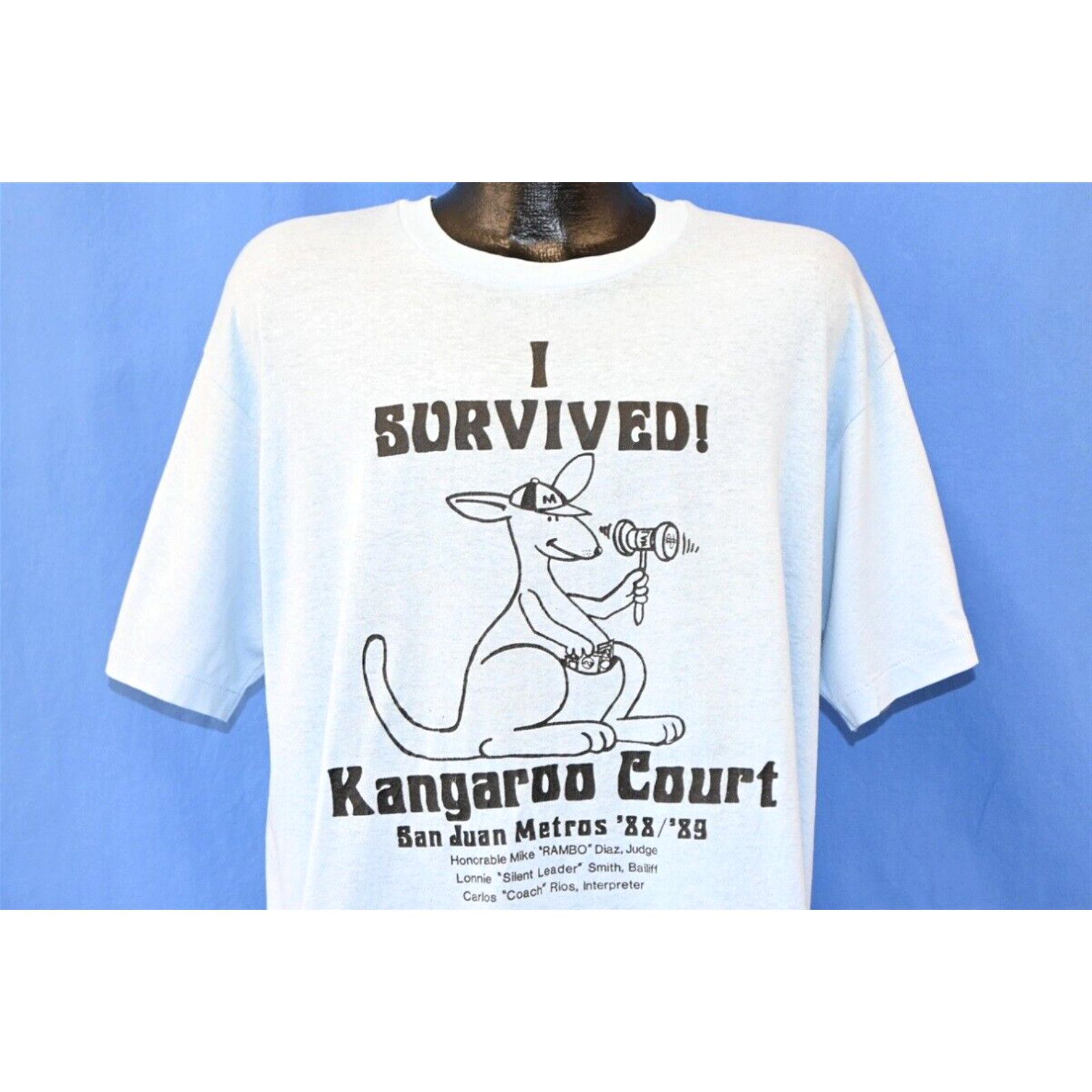 image of Kangaroos Vintage 80's I Survived Kangaroo Court San Juan Metros Baseball T-Shirt XL in White, Men'