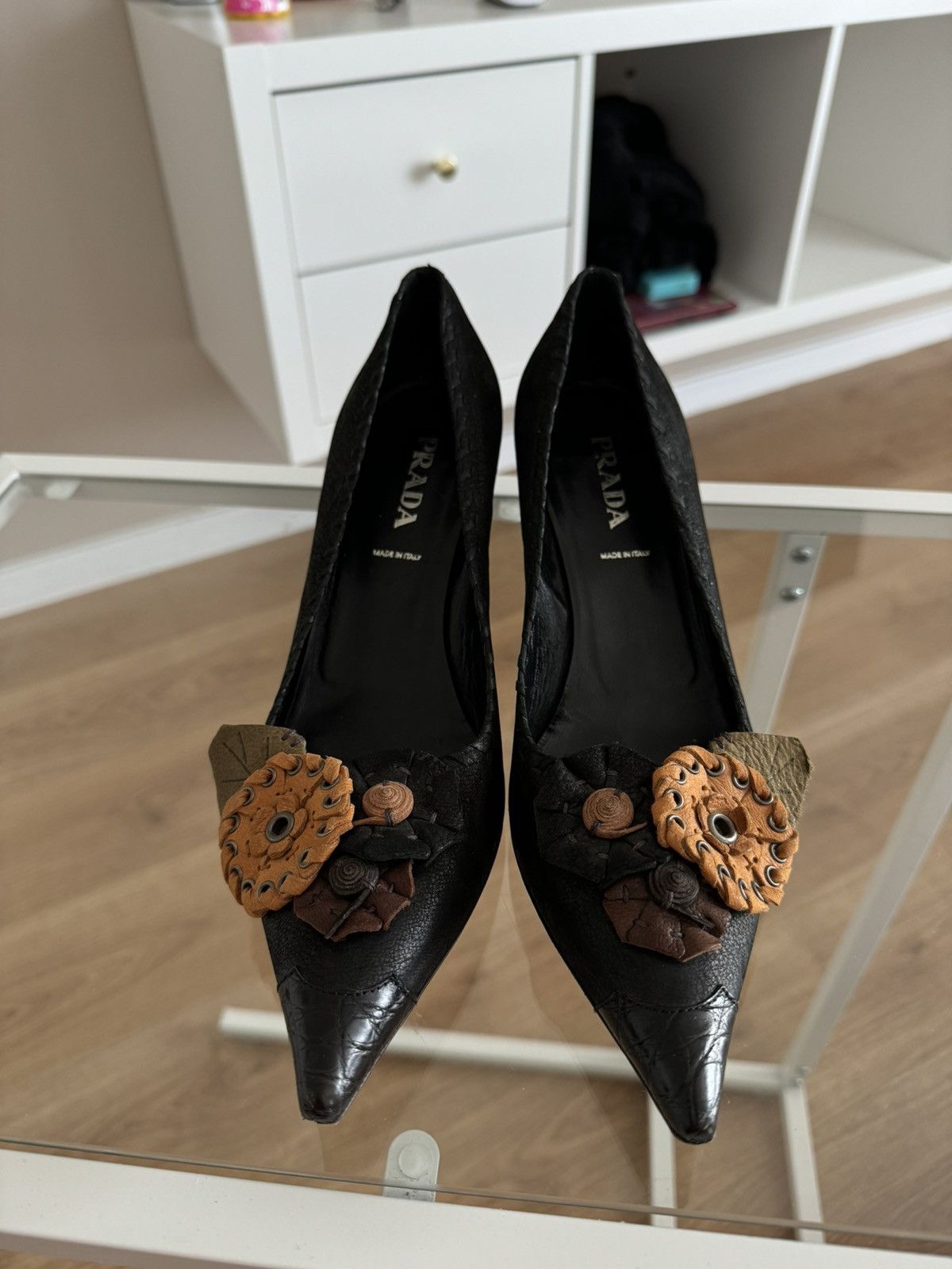 Prada Prada heels shoes black with flowers Italy vintage rare Size US 7.5 / IT 37.5 - 2 Thumbnail