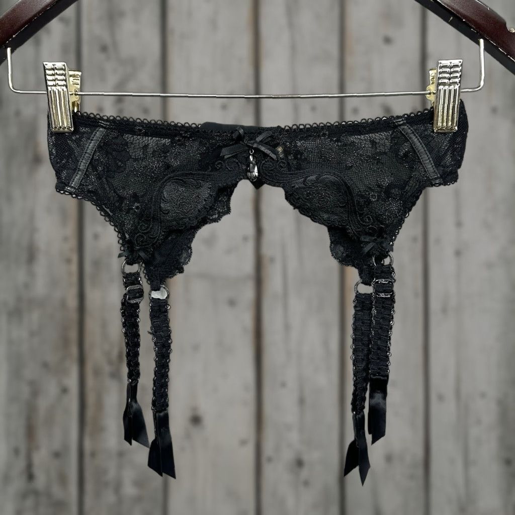 Honey Birdette Garter Belt Black Jeweled Lace Leather Womens Small
