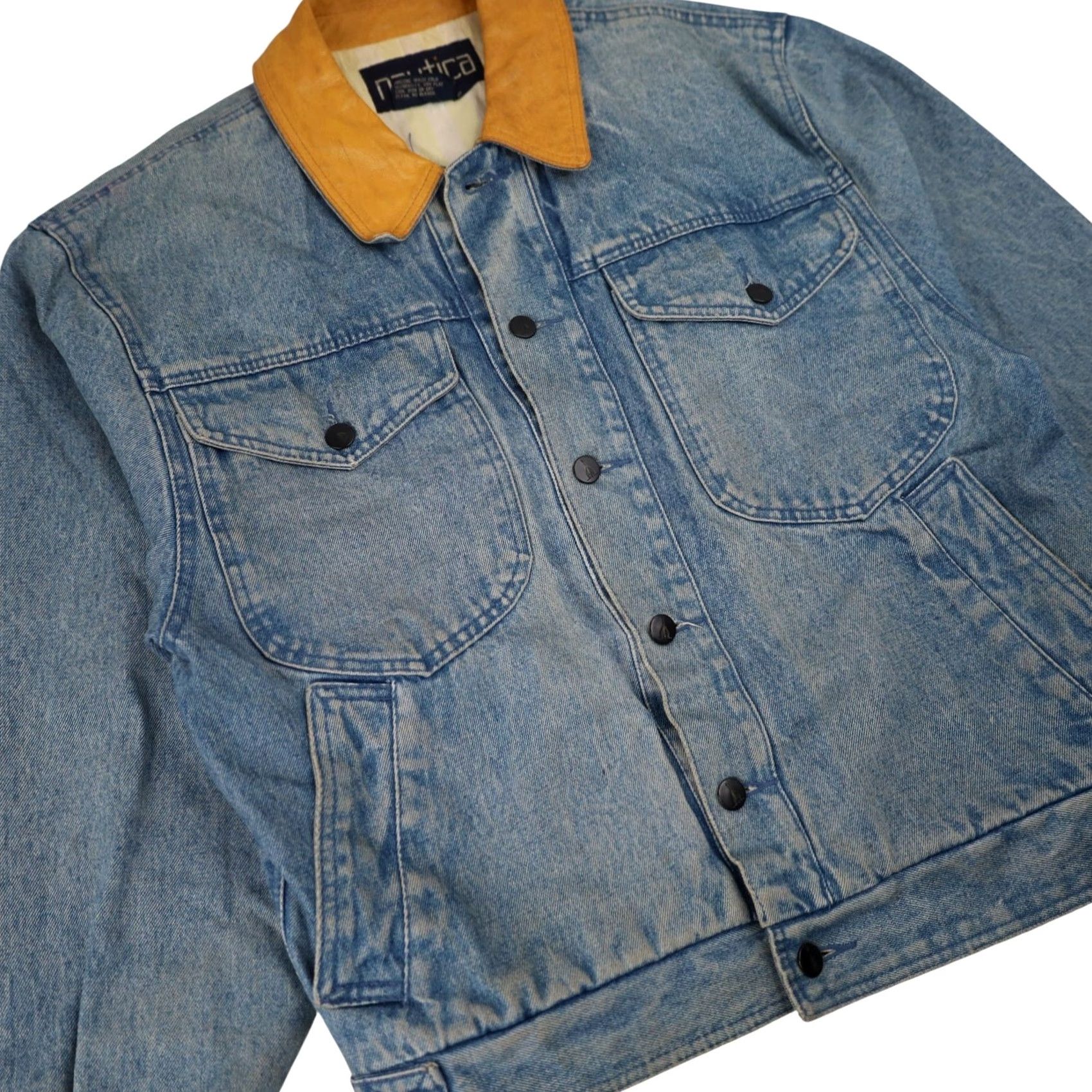 Nautica VINTAGE Nautica Denim Jacket Men Jacket S Blue Denim 9/10 Small Leather Collar Size US S / EU 44-46 / 1 - 3 Thumbnail