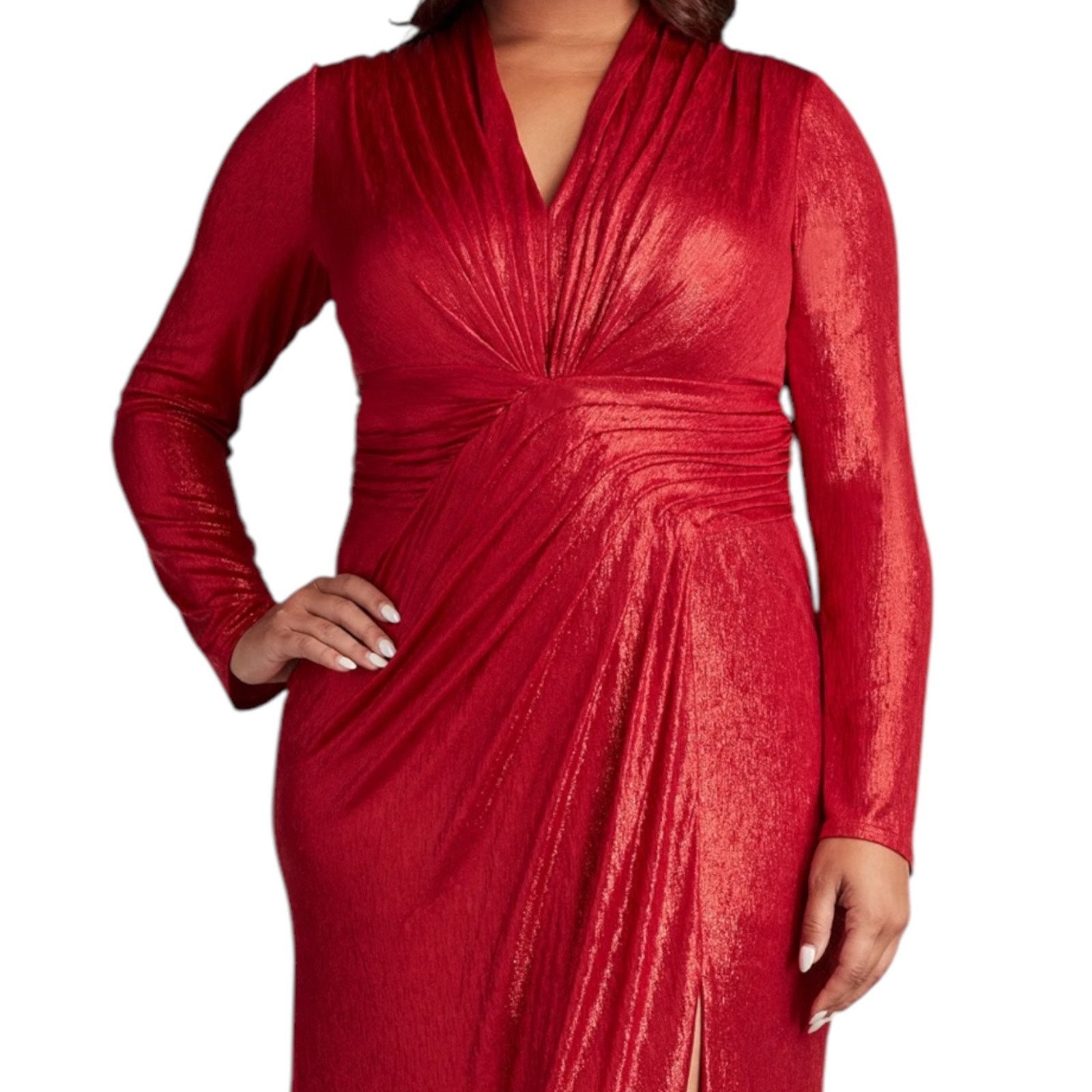 Tadashi Shoji Metallic Long Sleeve Evening Gown Red Size XXL