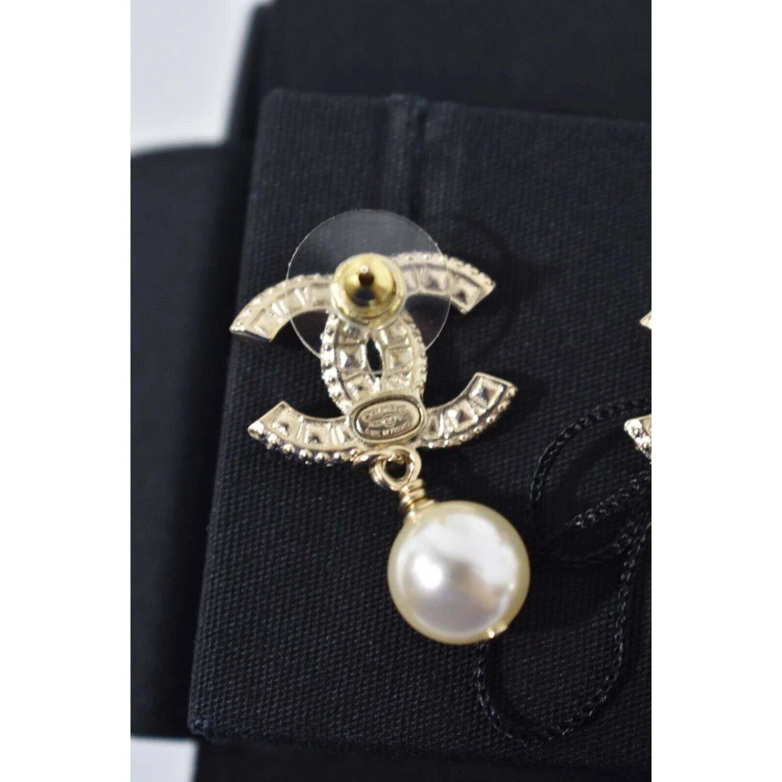 Chanel Chanel Gold Resin Crystal Pearl Statement Stud Drop Earrings Size ONE SIZE - 11 Thumbnail