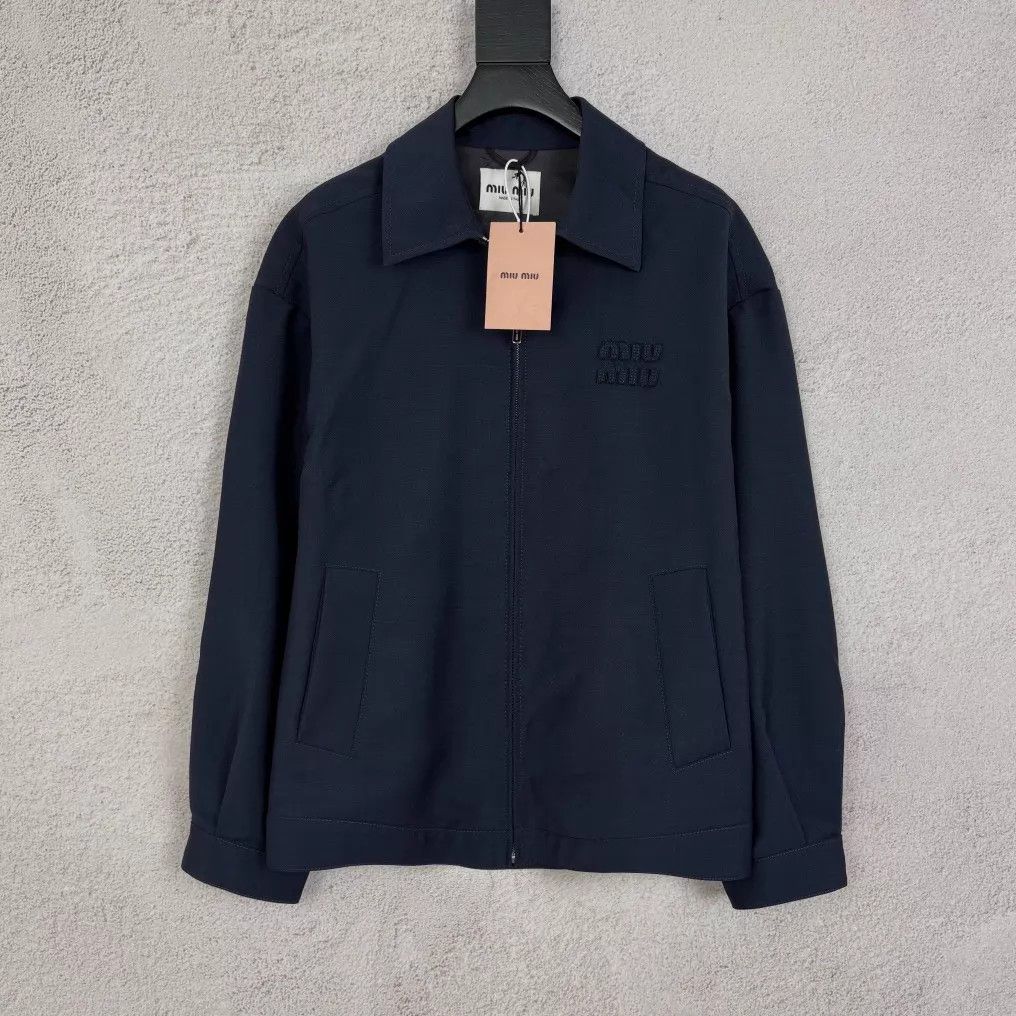 Miu Miu MIUMIU Navy Blue Embroidered Logo Lapel Zip Jacket Size XS / US 0-2 / IT 36-38 - 1 Thumbnail