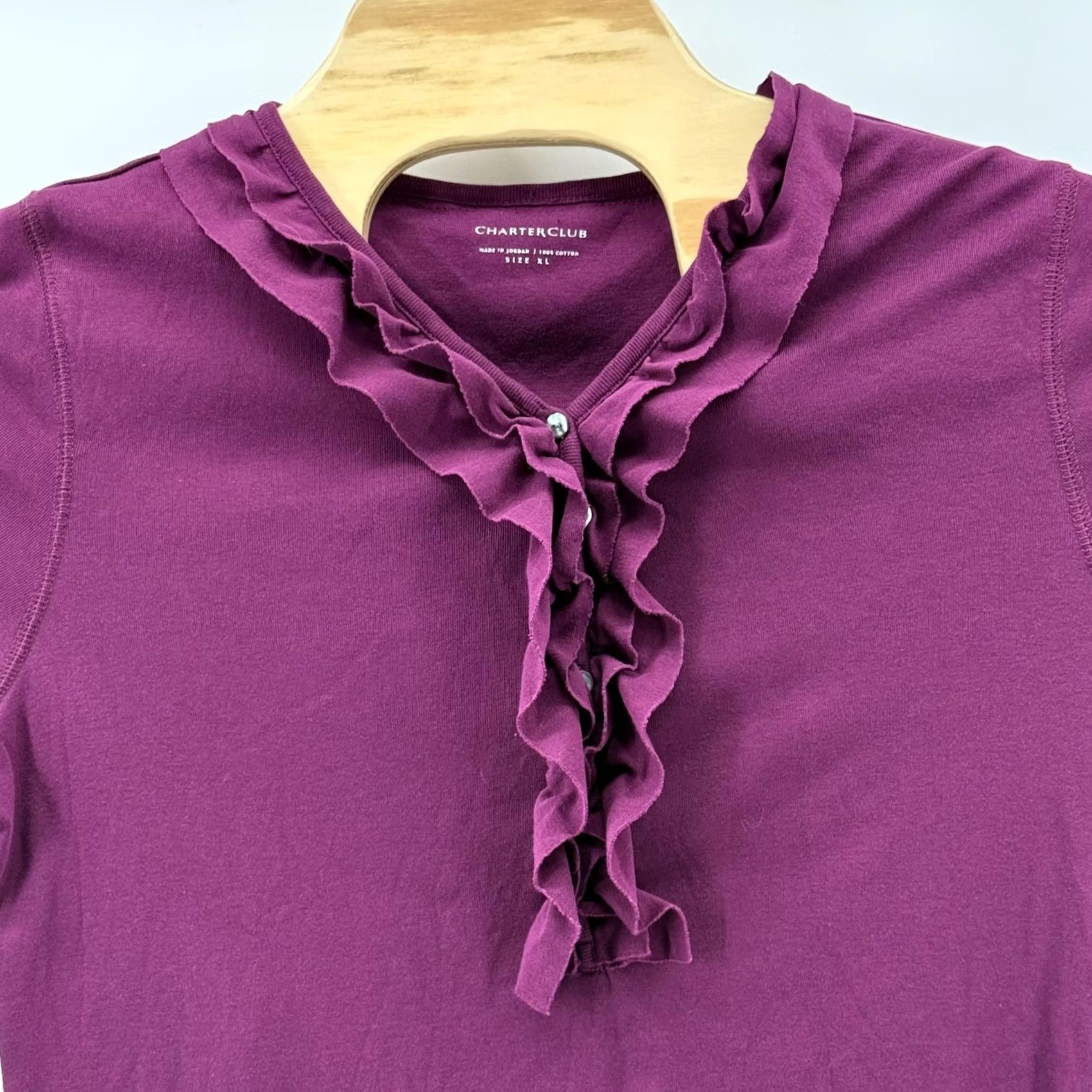 Charter Club Charter Club Shirt Womens XL Purple Ruffle Neck 3/4 Sleeve 100% Cotton Blouse Size XL / US 12-14 / IT 48-50 - 2 Thumbnail