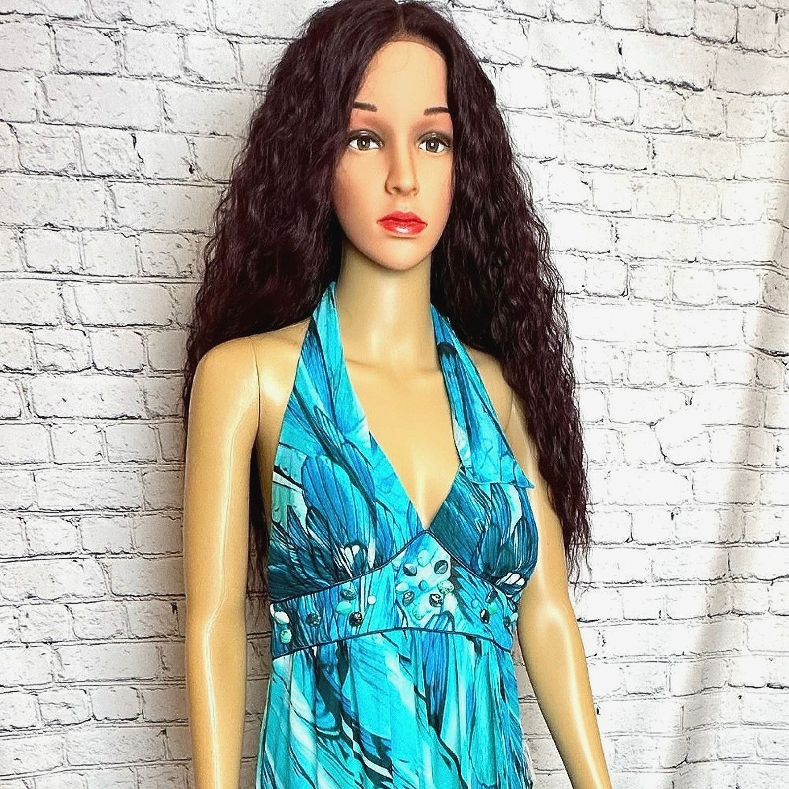 Bisou Bisou Halter Top Teal Blue Waterfall Gown - Size 14 -  threedaughtersproperties.com