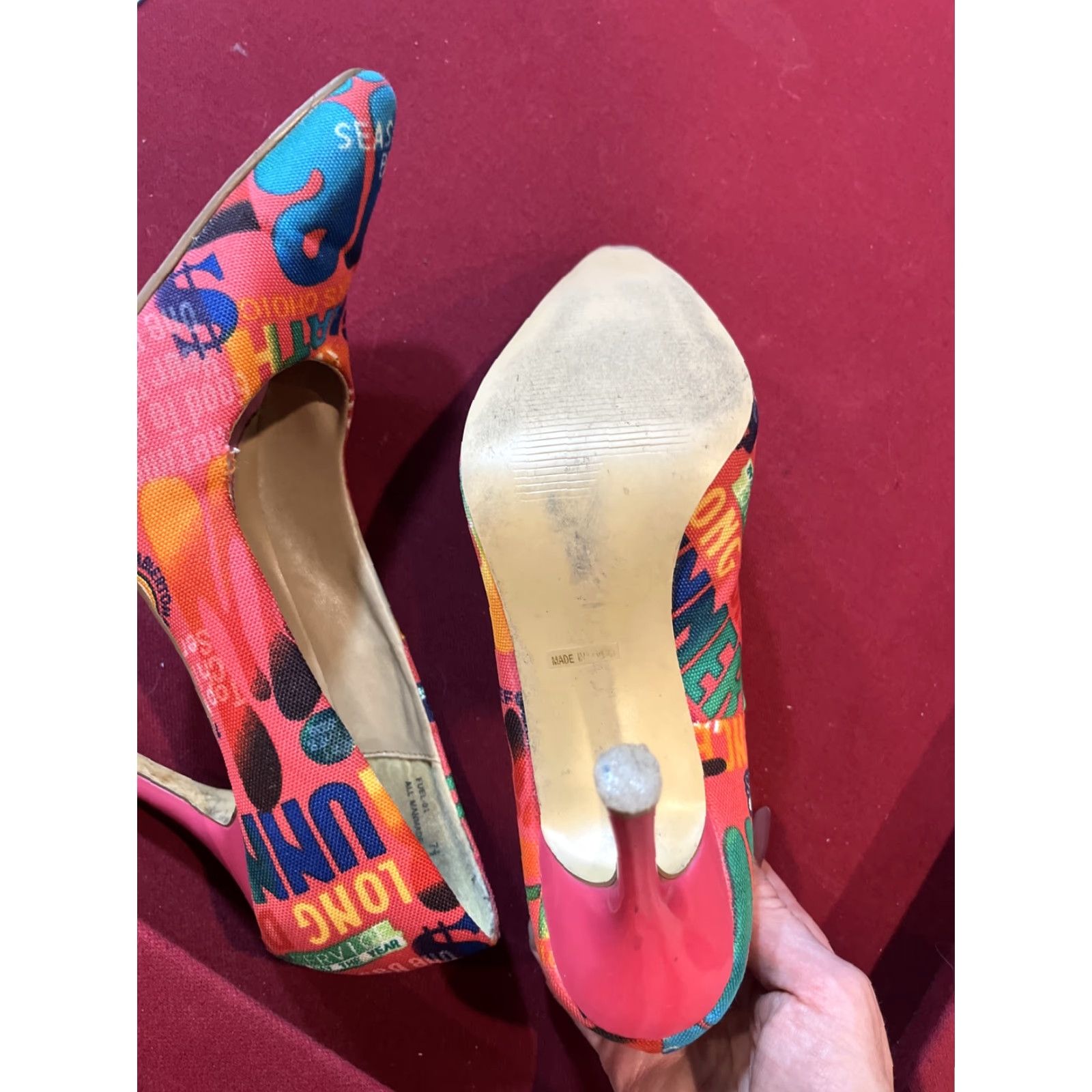 Vintage VINTAGE Anne Michelle Grafitti Word Art Pump Heel 4” Fuel 01 Stiletto Pink 7.5 Womens Shoes Size US 8 / IT 38 - 6 Thumbnail