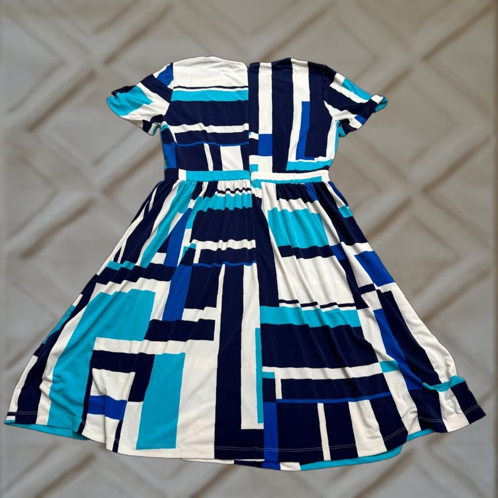MAGGY LONDON Maggy London Geometric Dress A-Line Womens 6 Blue Short Sleeve Midi Size 28" / US 6 / IT 42 - 1 Thumbnail