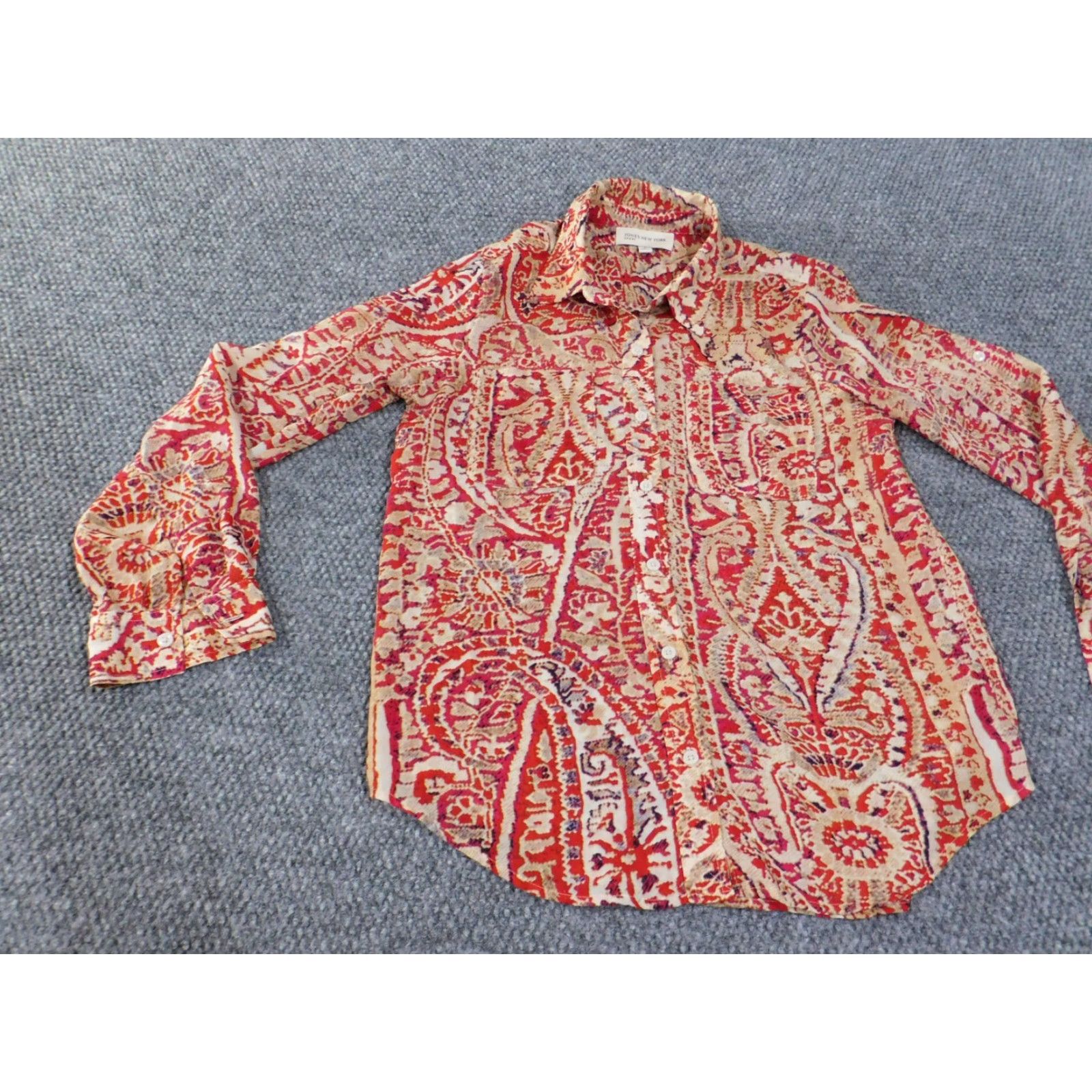 Jones New York Jones New York top Womens Button-Up City casual Geometric Red S Small Long Sleeve Collared Polyester Rayon Regular Stretch Size S / US 4 / IT 40 - 3 Thumbnail