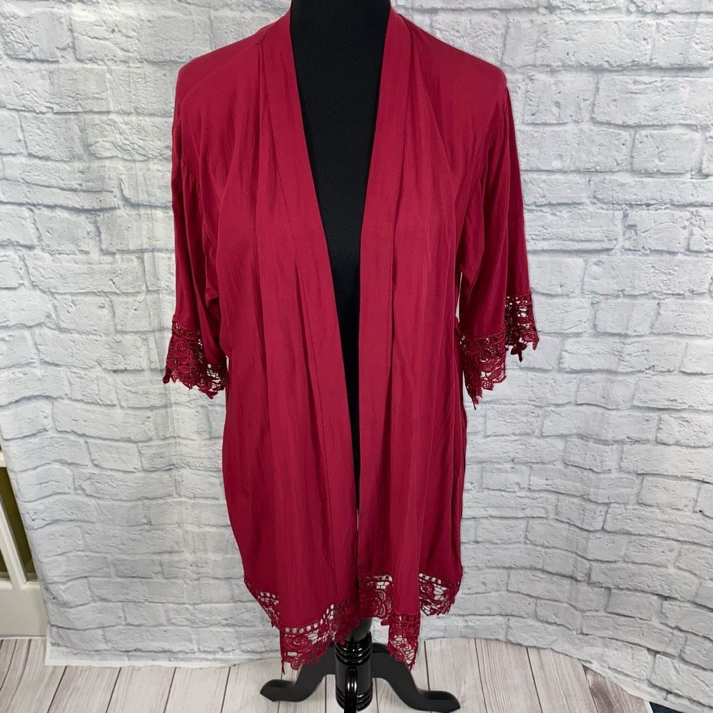 Other Women’s tie front robe with lace trim burgundy color sz smal Size ONE SIZE - 10 Thumbnail