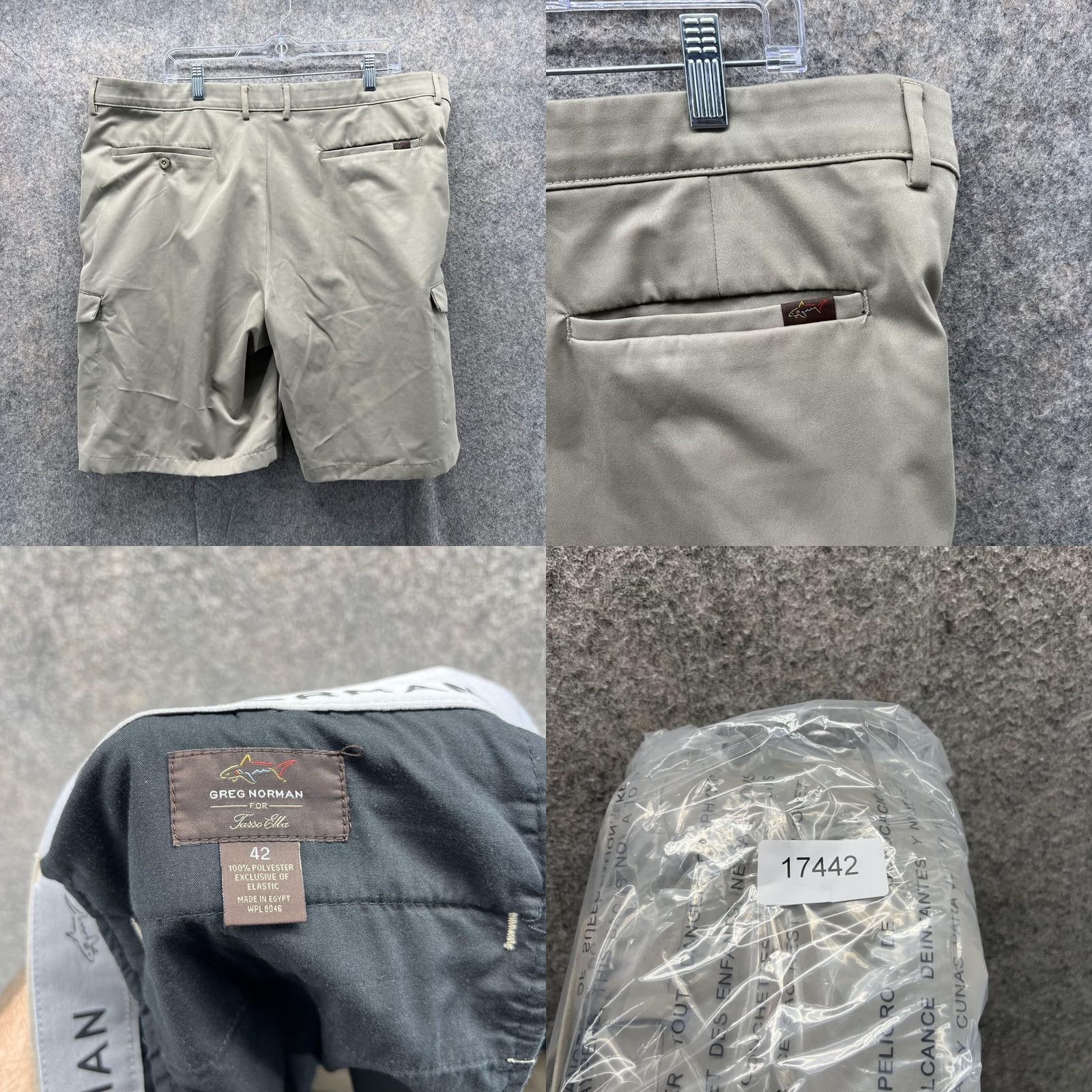 Tasso Elba Greg Norman Shorts Men 42 Khaki Solid Flat Front Cargo Tasso Elba Polyester Knit Size US 42 / EU 58 - 8 Thumbnail