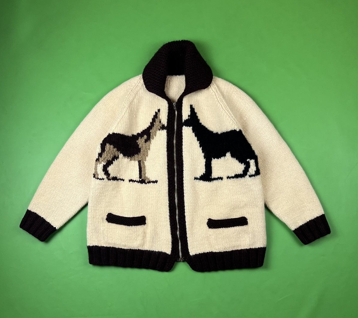 Handknit × Made In Usa × Vintage 60s Cowichan Hunting Dogs Wool 