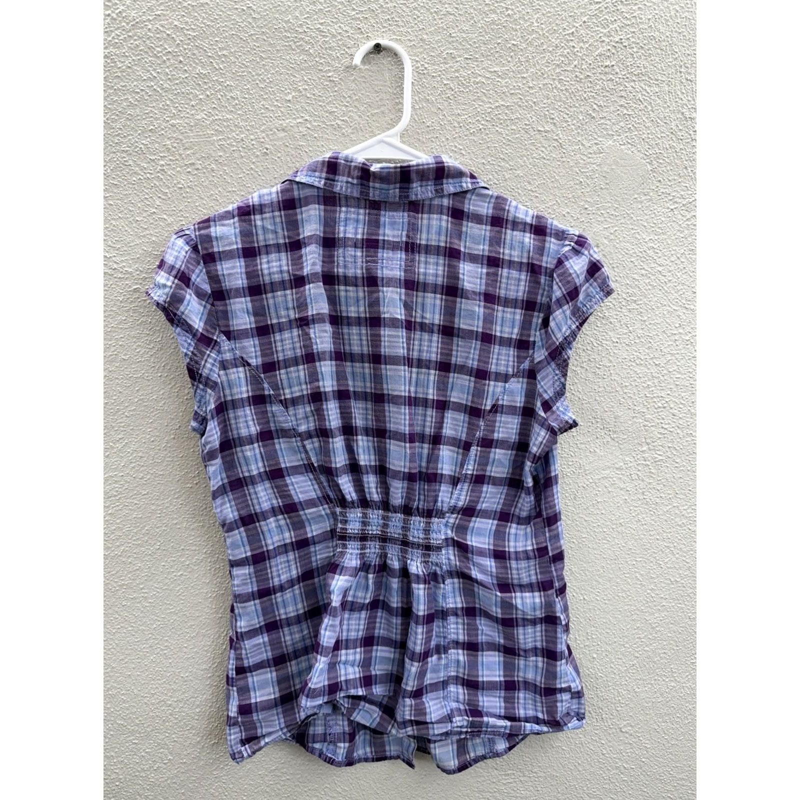 Vintage SO Blouse Shirt Purple Plaid Cap Sleeve Collared 2000s Y2K Women Regular L XS? Size L / US 10 / IT 46 - 6 Thumbnail
