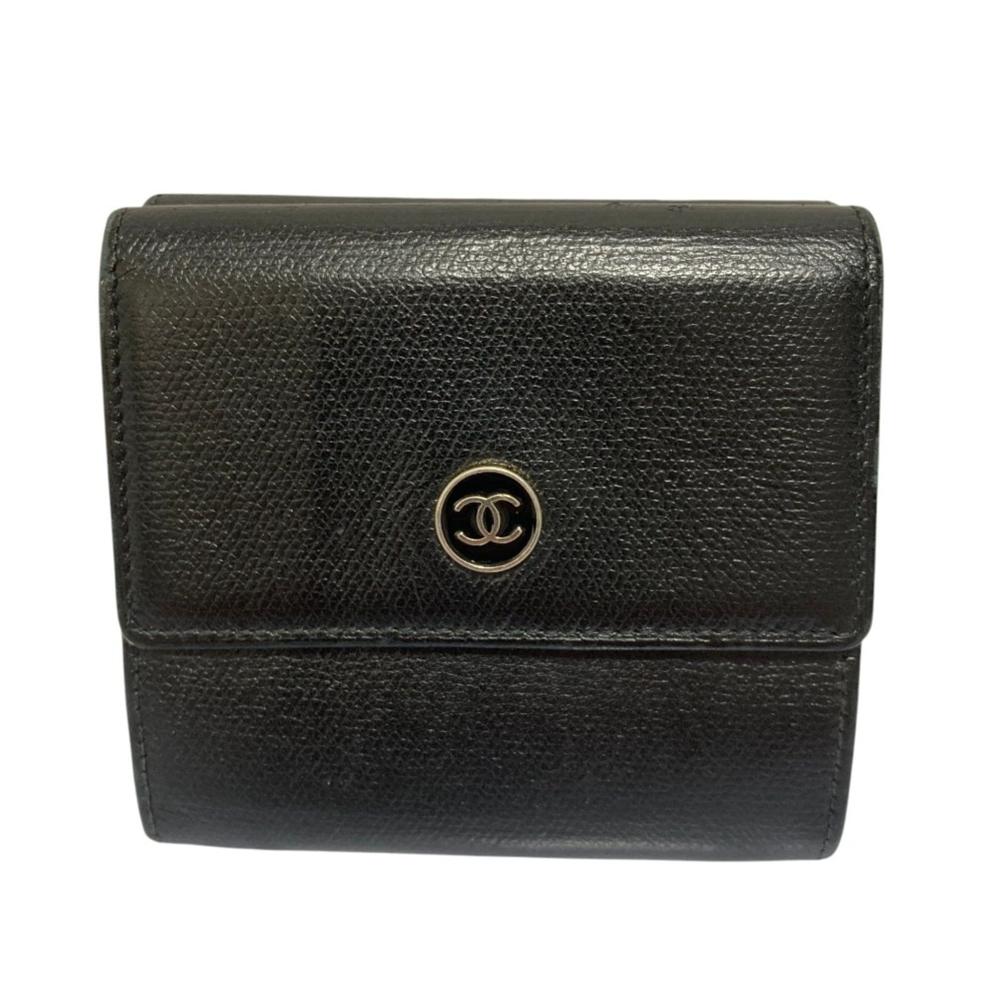 Chanel CHANEL Coco Mark Button Leather Compact Tri-fold Wallet, Black, Women's Size ONE SIZE - 1 Thumbnail