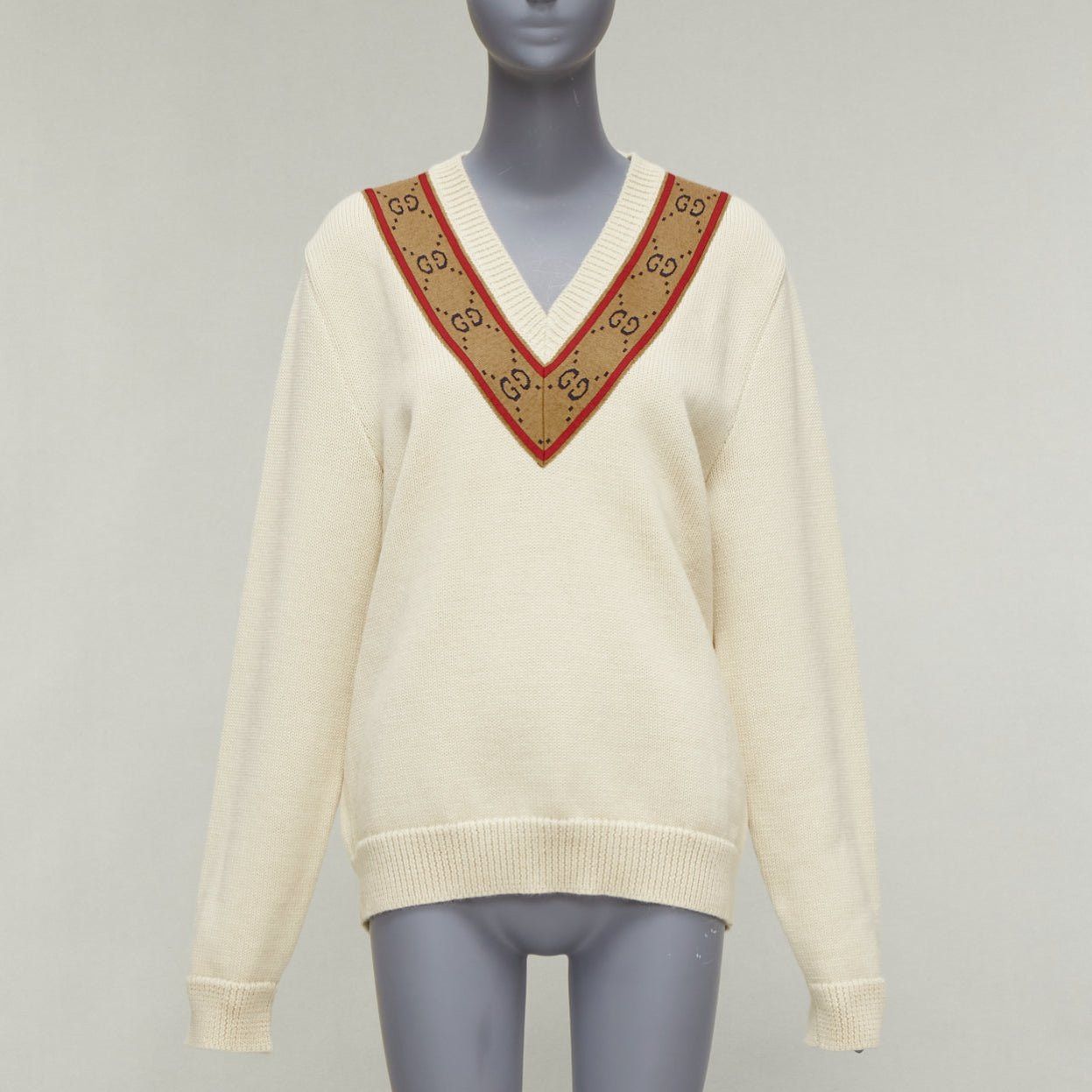 Gucci GUCCI 100% wool cream Vintage GG monogram V-neck varsity sweater S Size M / US 6-8 / IT 42-44 - 1 Thumbnail