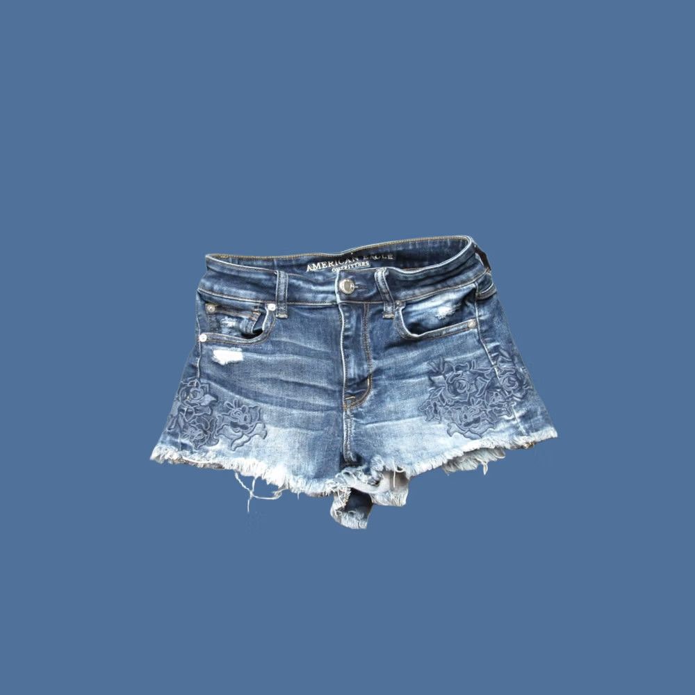 American Eagle Outfitters American Eagle Outfitters Womens 4 Blue Denim Floral Embroidery Raw Hem Shorts Size 27" / US 4 / IT 40 - 1 Thumbnail