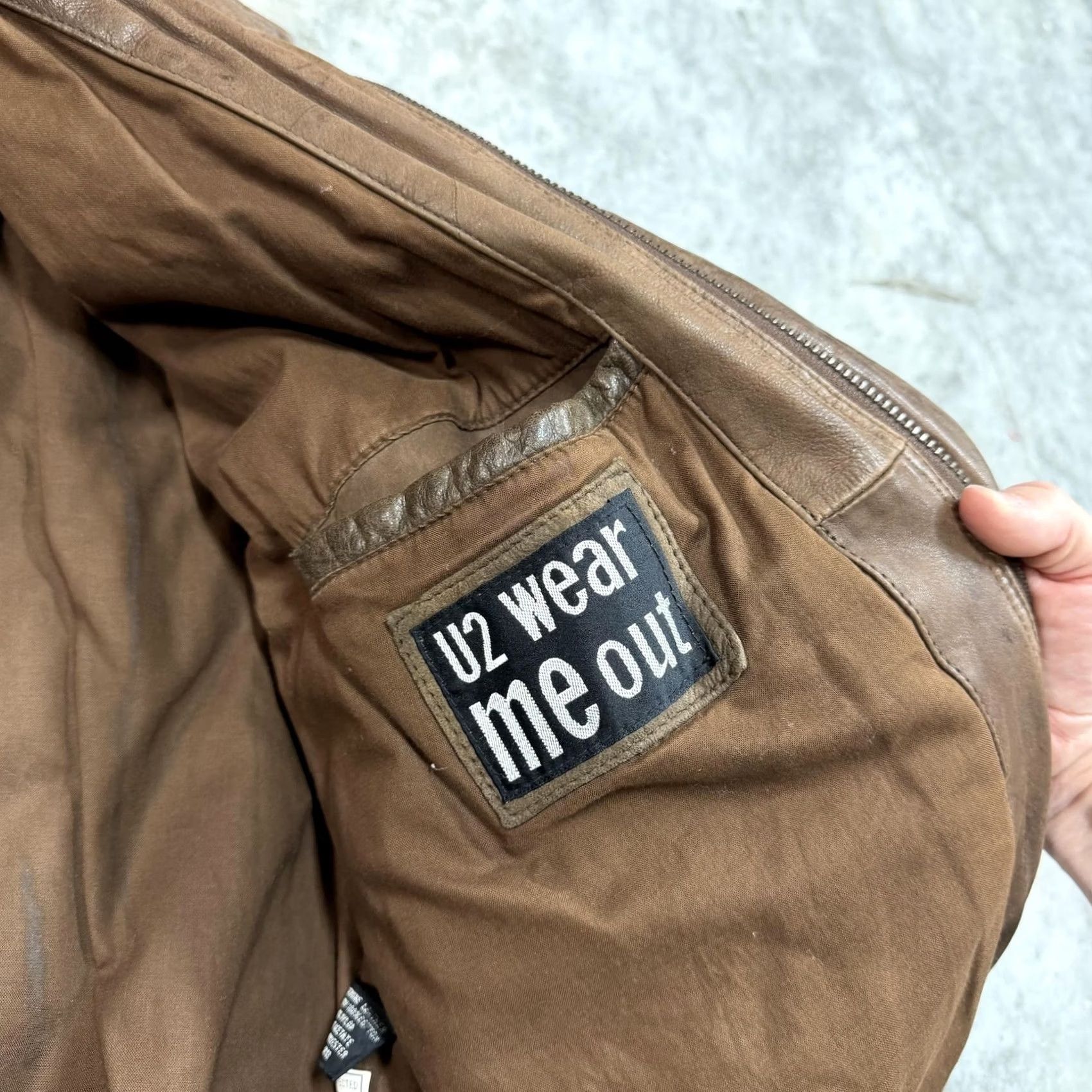 Vintage U2 Wear Me Out Jacket Mens Big 1X Brown Leather Bomber Flight Lined Air Force Military Style Zip Pockets Size US XL / EU 56 / 4 - 4 Thumbnail