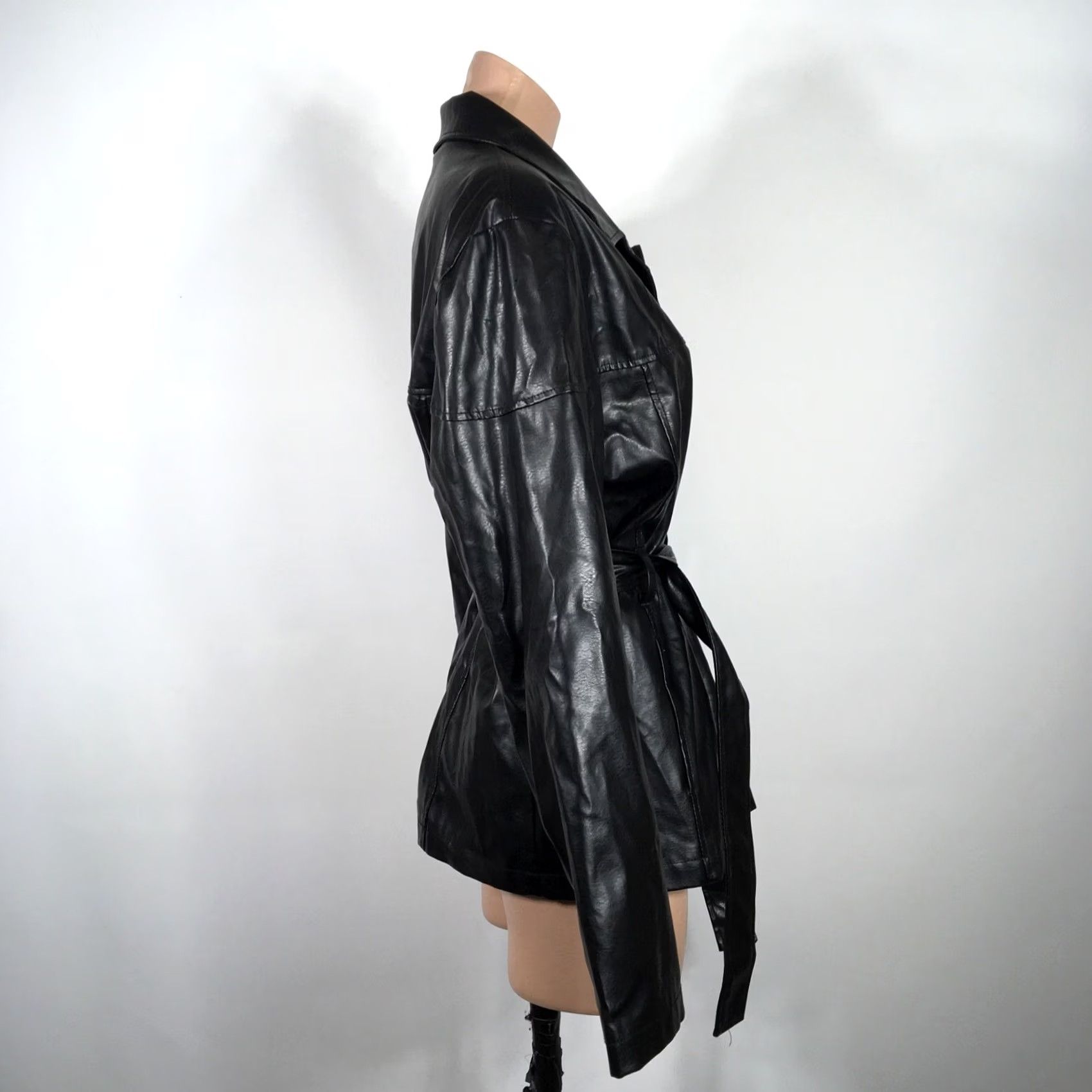 Vintage VINTAGE Y2K RAVE Belted Faux Leather Jacket Long Club Black Womens XL Size XL / US 12-14 / IT 48-50 - 4 Thumbnail