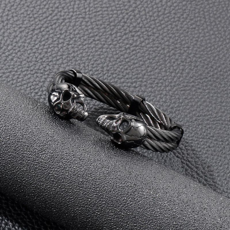 Jewelry Black Steel Skull Double Layer Cuff Bracelet Size ONE SIZE - 4 Thumbnail
