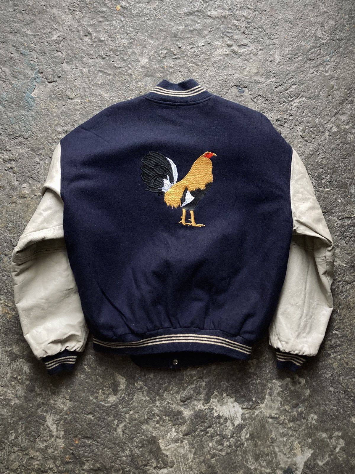 image of Vintage 90's Rooster Leather & Wool Varsity Jacket in Blue, Men's (Size Large)