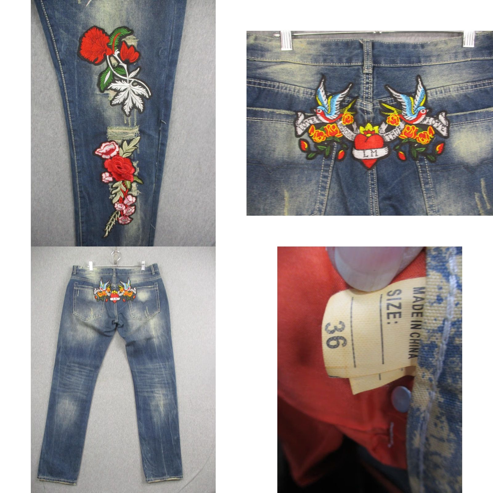 Vintage SOSOO Jeans Mens 36x32 Blue Rose Floral Embroidered Straight Leg Denim Jeans Size US 36 / EU 52 - 8 Thumbnail