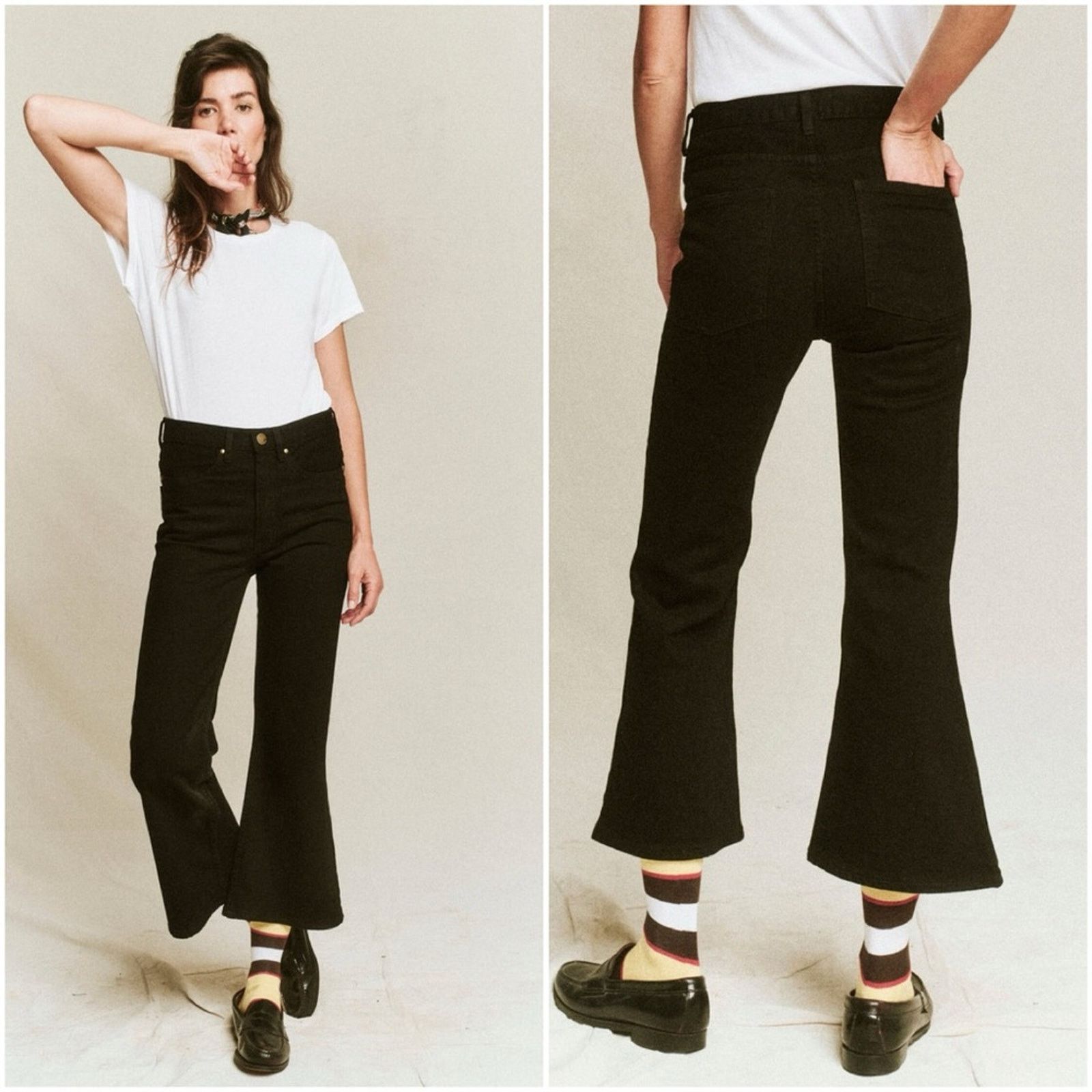 THE GREAT NWT The Great The Kick Bell Jeans Onyx Black Denim Tassel 26 Size 26" / US 2 / IT 38 - 1 Thumbnail
