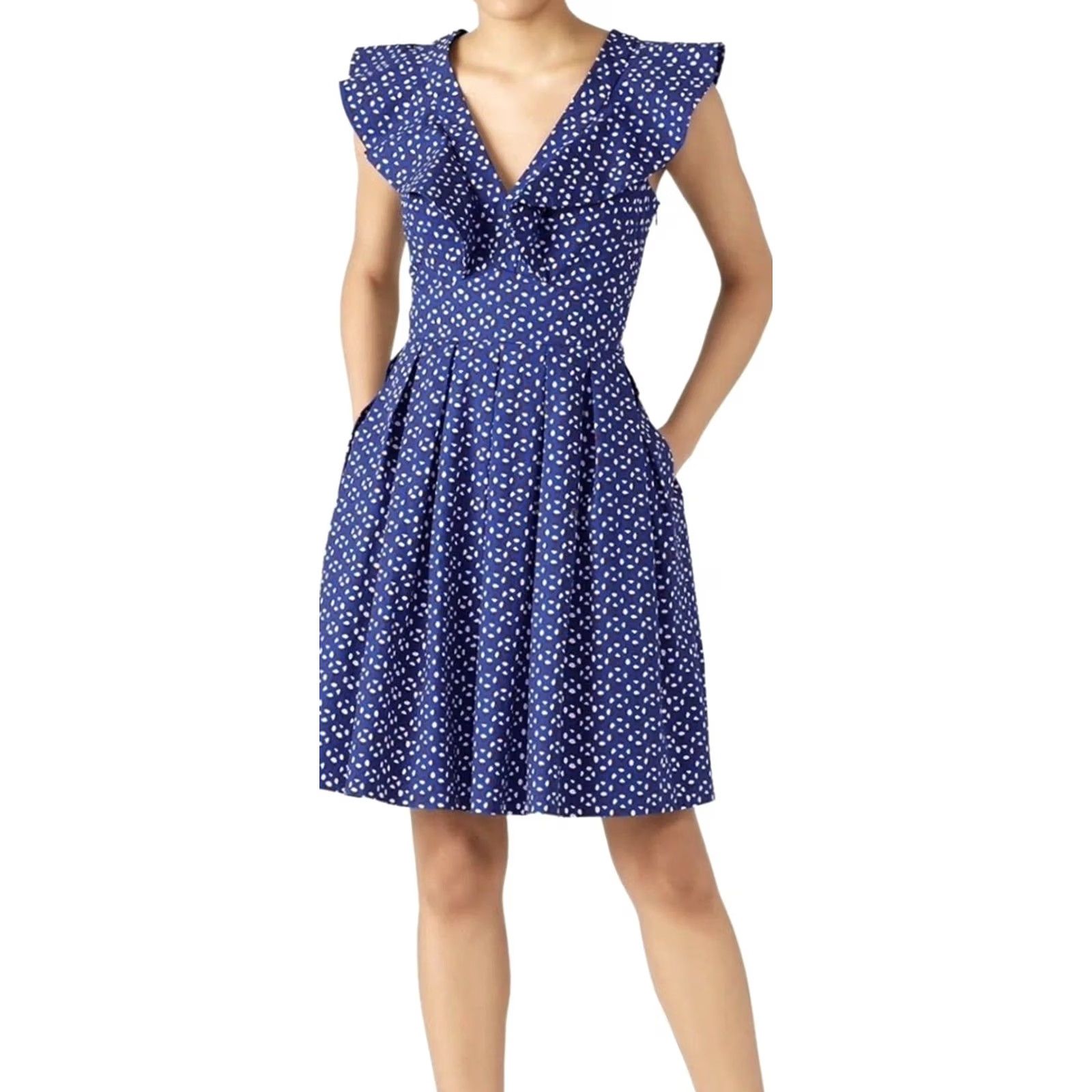 Vintage kate spade new york V Neck Geo Dot Poplin Dress Women's 0 Blue Mini Short Geometric EUC Size XS / US 0-2 / IT 36-38 - 2 Thumbnail