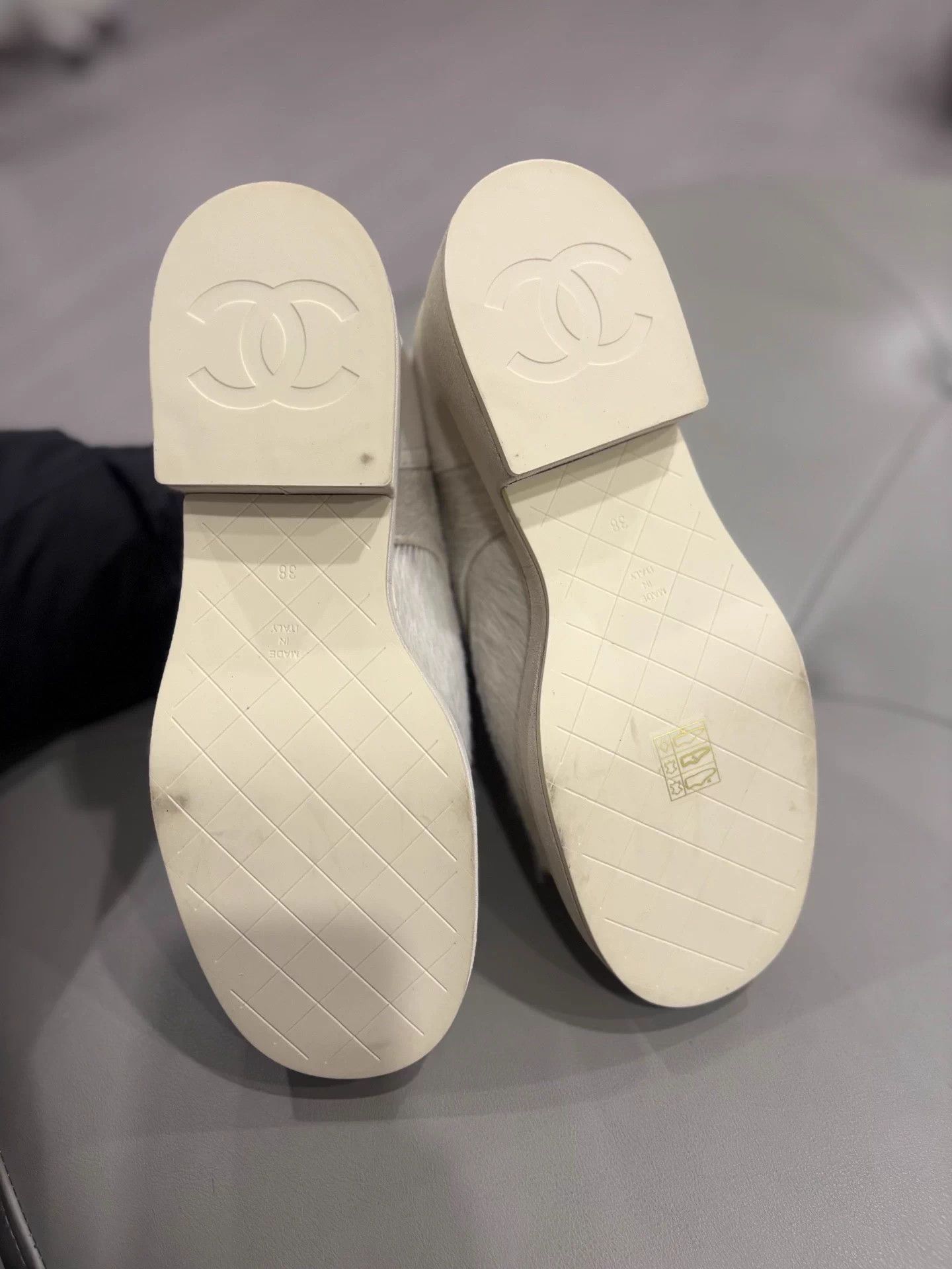 Chanel Chanel White Haircalf Martin Boots w/ Big Logo Knit Socks 38 Size US 7 / IT 37 - 6 Thumbnail