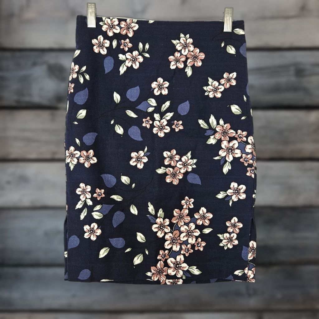Loft LOFT Ann Taylor Womens Pencil Skirt Sz 2 Blue Pink Floral Cotton Blend Knee Length Zip Slim Straight & Pencil Womens Size 26" / US 2 / IT 38 - 1 Thumbnail