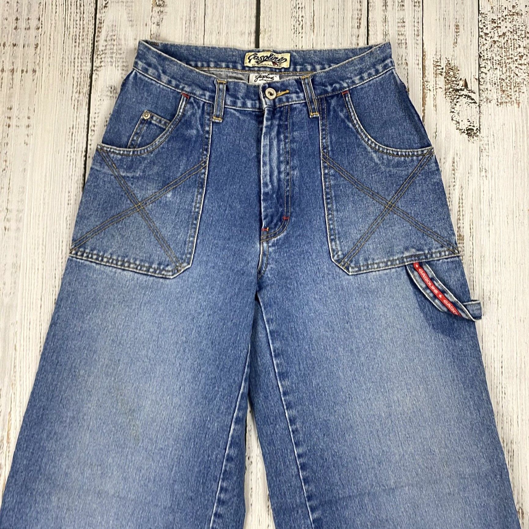 JNCO VINTAGE Gasoline Women Jeans Baggy Wide Leg 90s Denim Spring Summer Fall Winter Rave Cargo Pockets Size 28" / US 6 / IT 42 - 2 Thumbnail
