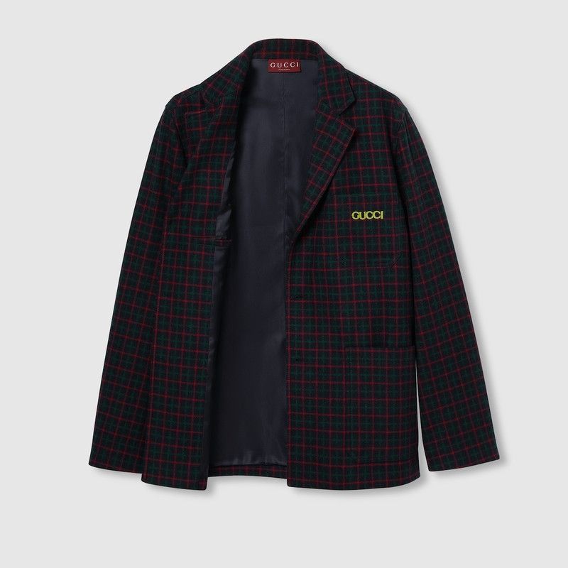 Gucci o1loc1c1125 814510 Embroidered Check Wool Flannel Jacket Size US XL / EU 56 / 4 - 8 Thumbnail