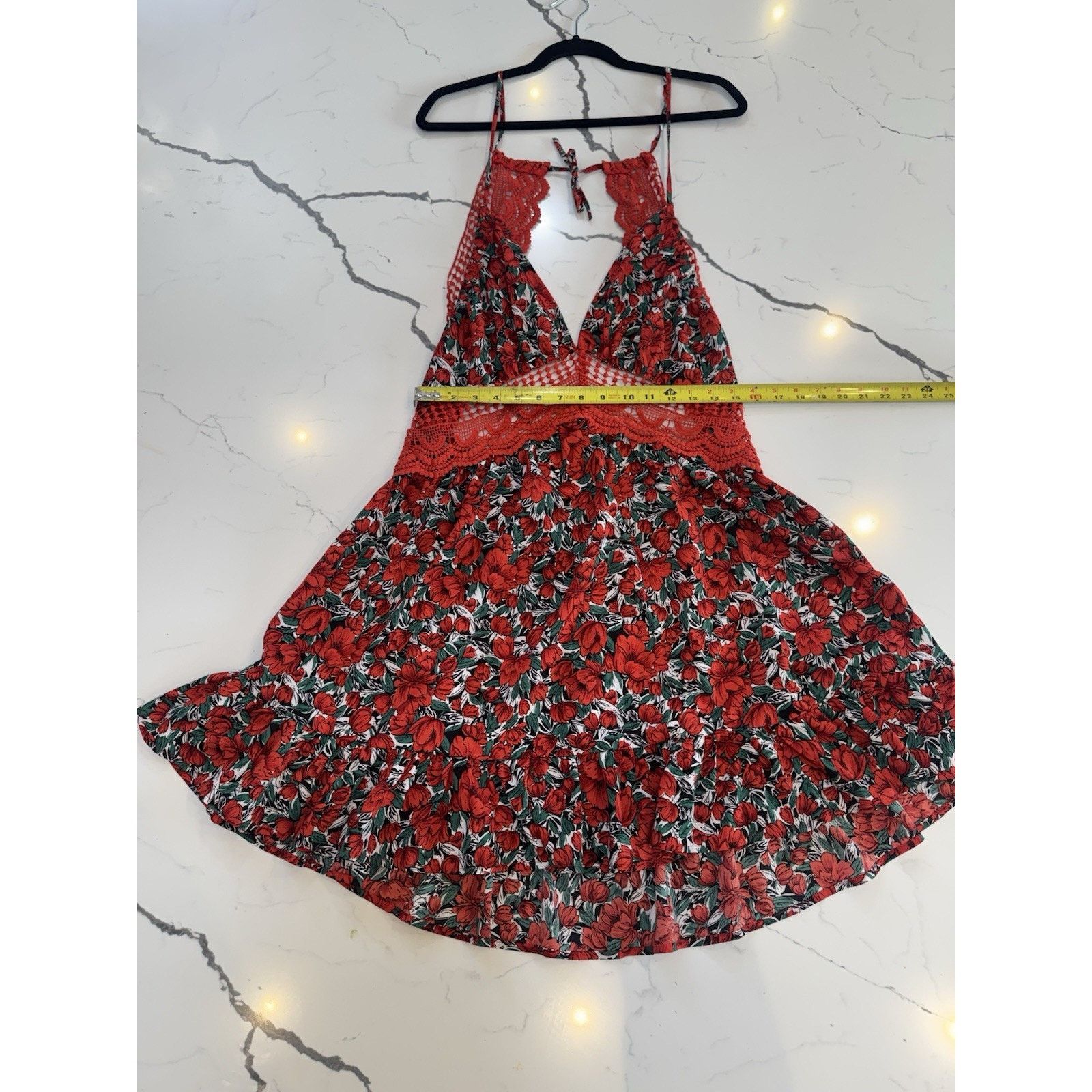 Other Women Red Floral Crochet Lace Halter Backless Mini Sundress Size XL / US 12-14 / IT 48-50 - 5 Thumbnail