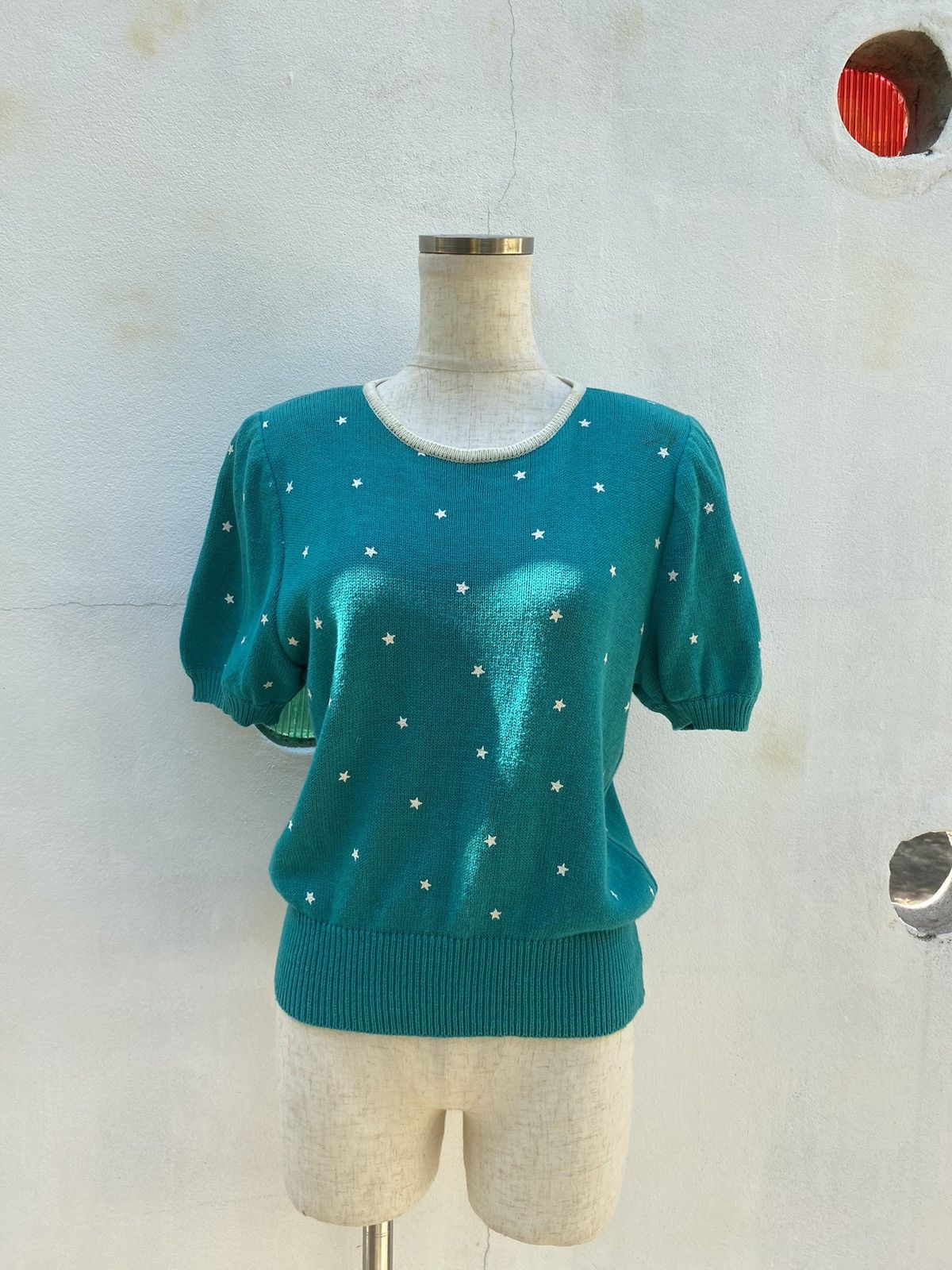 Vintage Paserio Teal Puff Sleeve Knit Top with Star Pattern Size S / US 4 / IT 40 - 11 Thumbnail