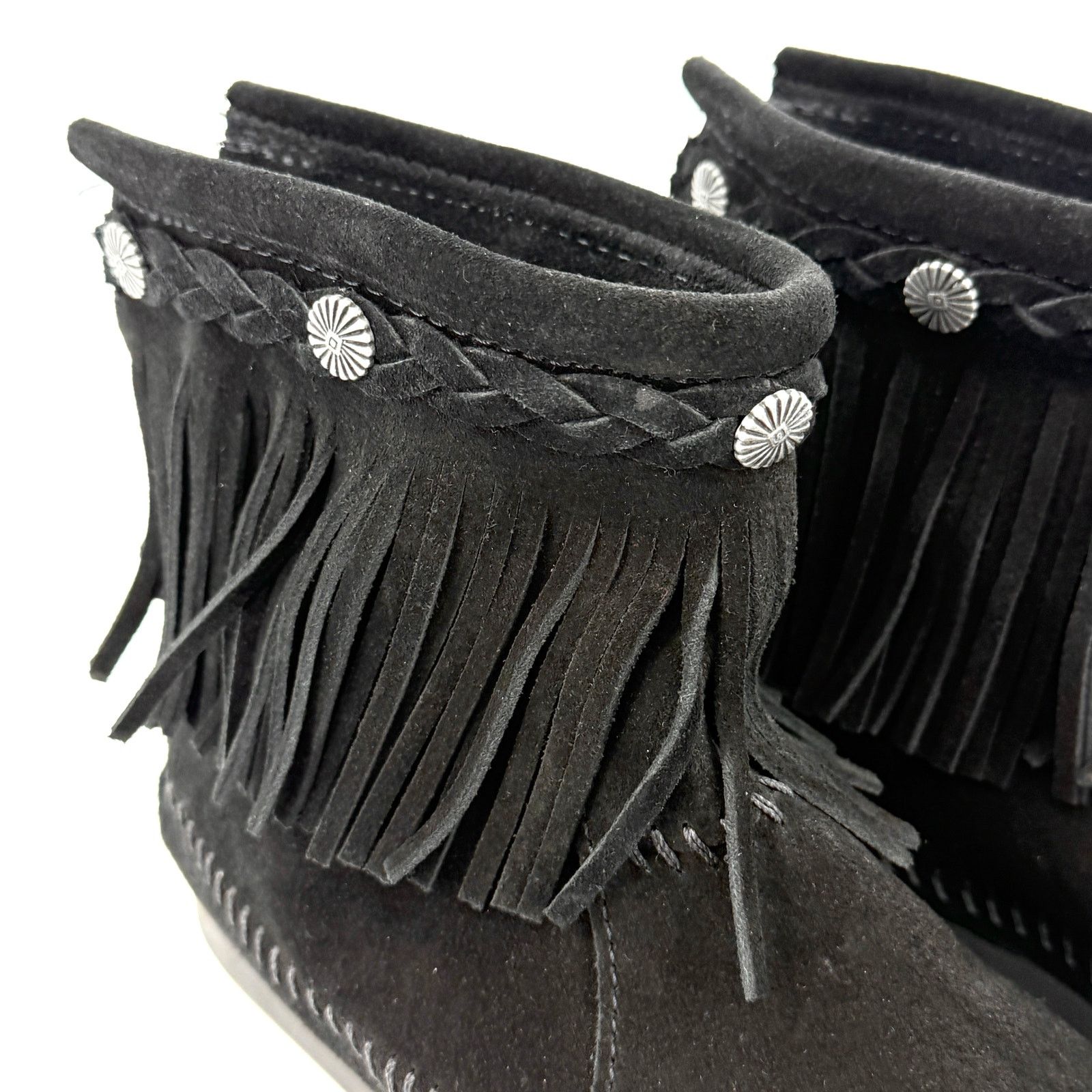Minnetonka Black Genuine Leather Fringe Back Zip Moccasin Booties Size US 5.5 / IT 35.5 - 3 Thumbnail