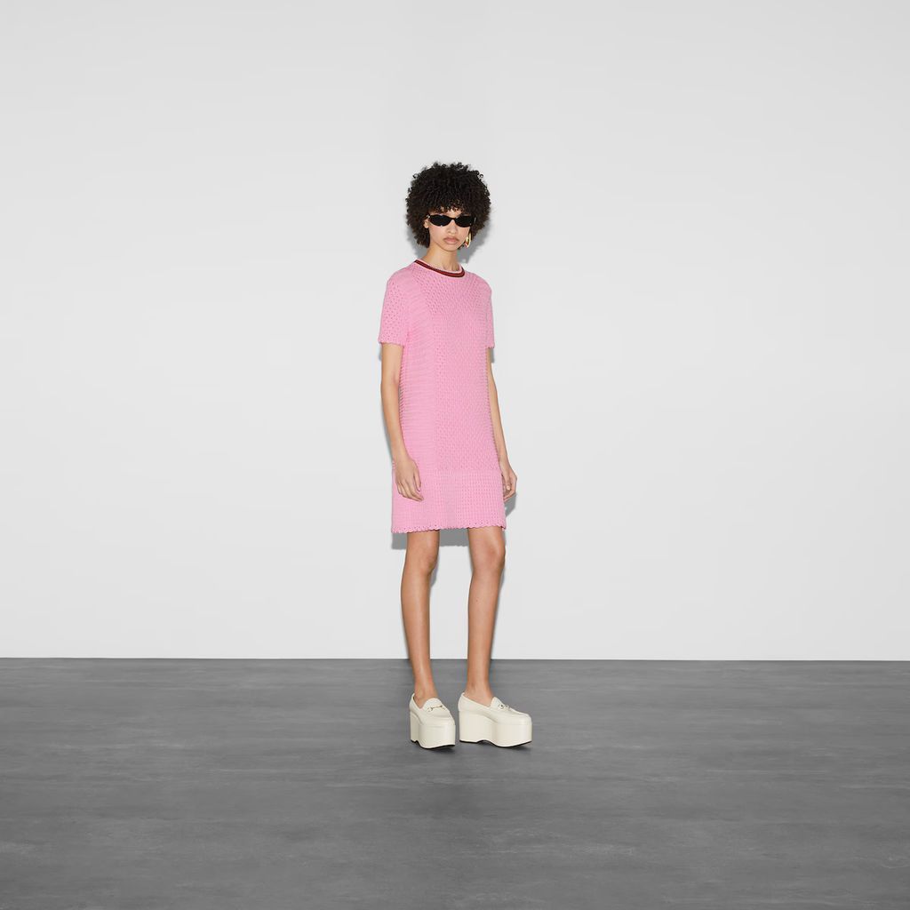 Gucci o1la5ras0526 Crochet-Effect Cotton Dress With Web in Pink Size S / US 4 / IT 40 - 5 Thumbnail