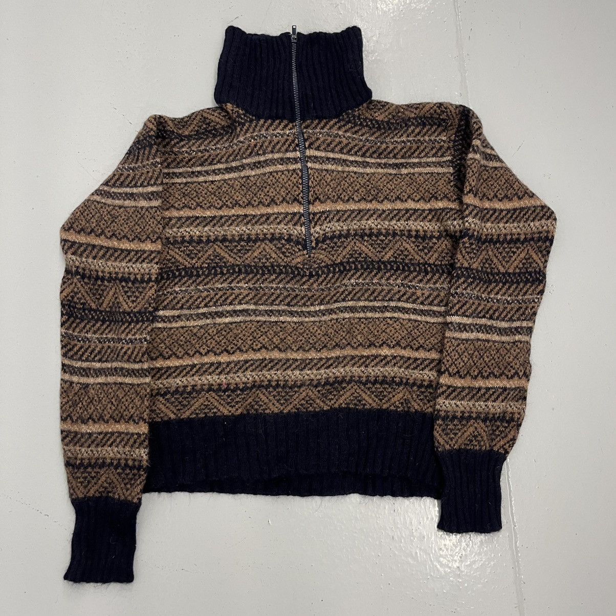 Other Vintage 80s Ates Tricots Brown Pattern Wool 1/2 Zip Sweater Size S / US 4 / IT 40 - 1 Thumbnail