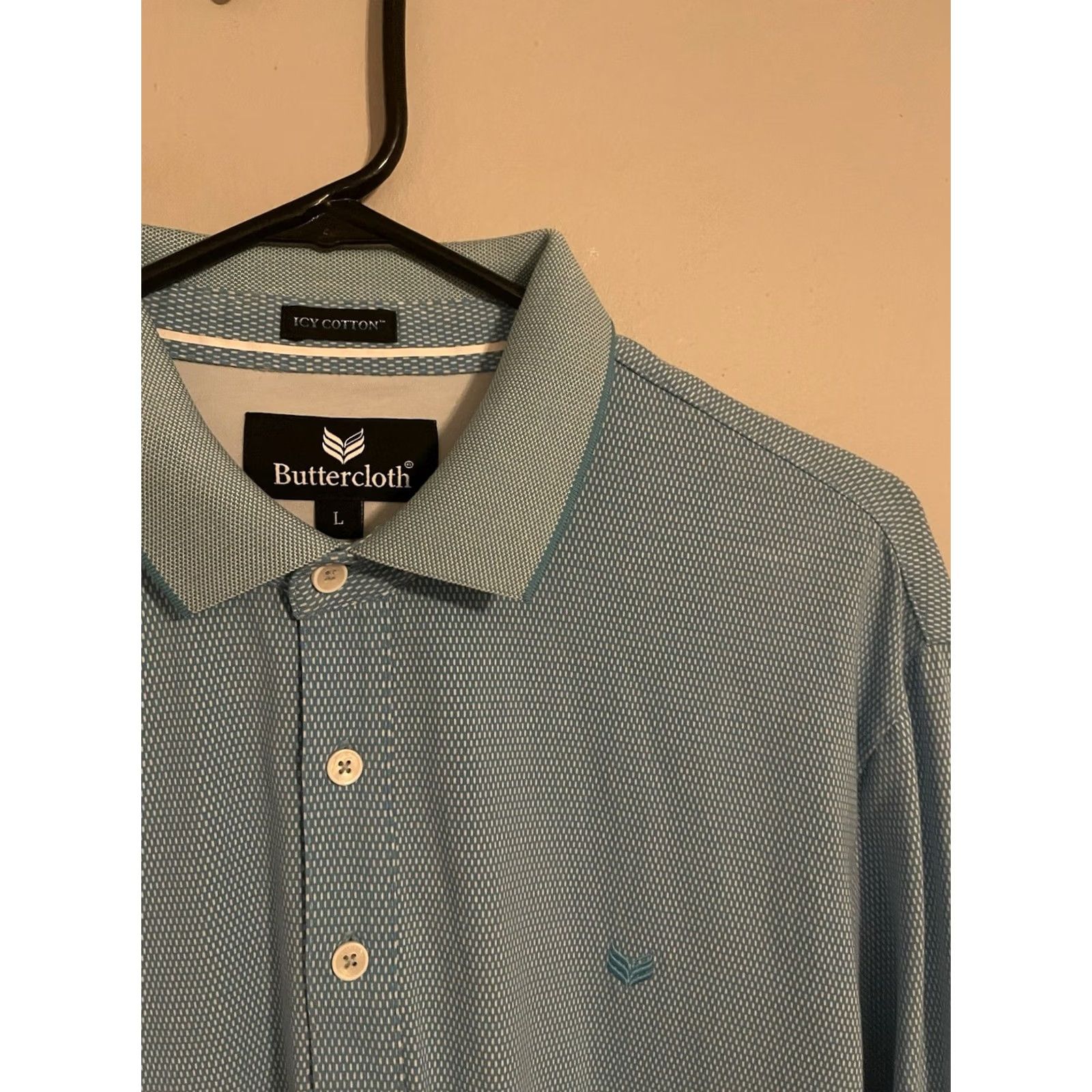 Vintage Buttercloth Polo Shirt Men's Large Light Blue Geometric Icy Cotton L/S Size US L / EU 52-54 / 3 - 2 Thumbnail