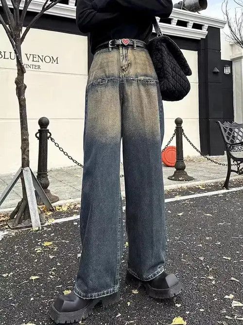 Japanese Brand × Jean Retro yellow cement washed distressed wide leg jeans Size US 32 / EU 48 - 4 Thumbnail