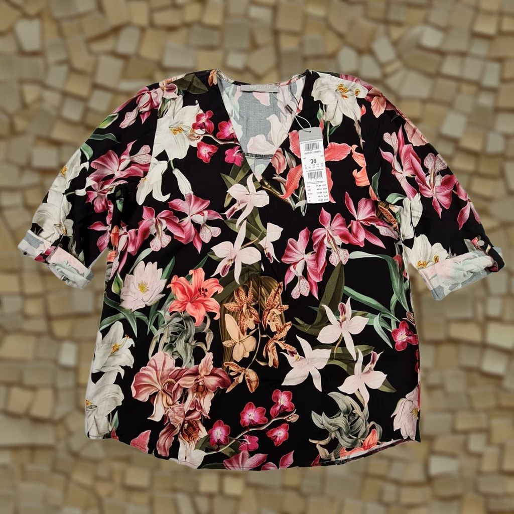CO Betty & Co Blouse Black 10 UK Floral V-Neck 3/4 Sleeve Tunic Top Womens Size L / US 10 / IT 46 - 1 Thumbnail