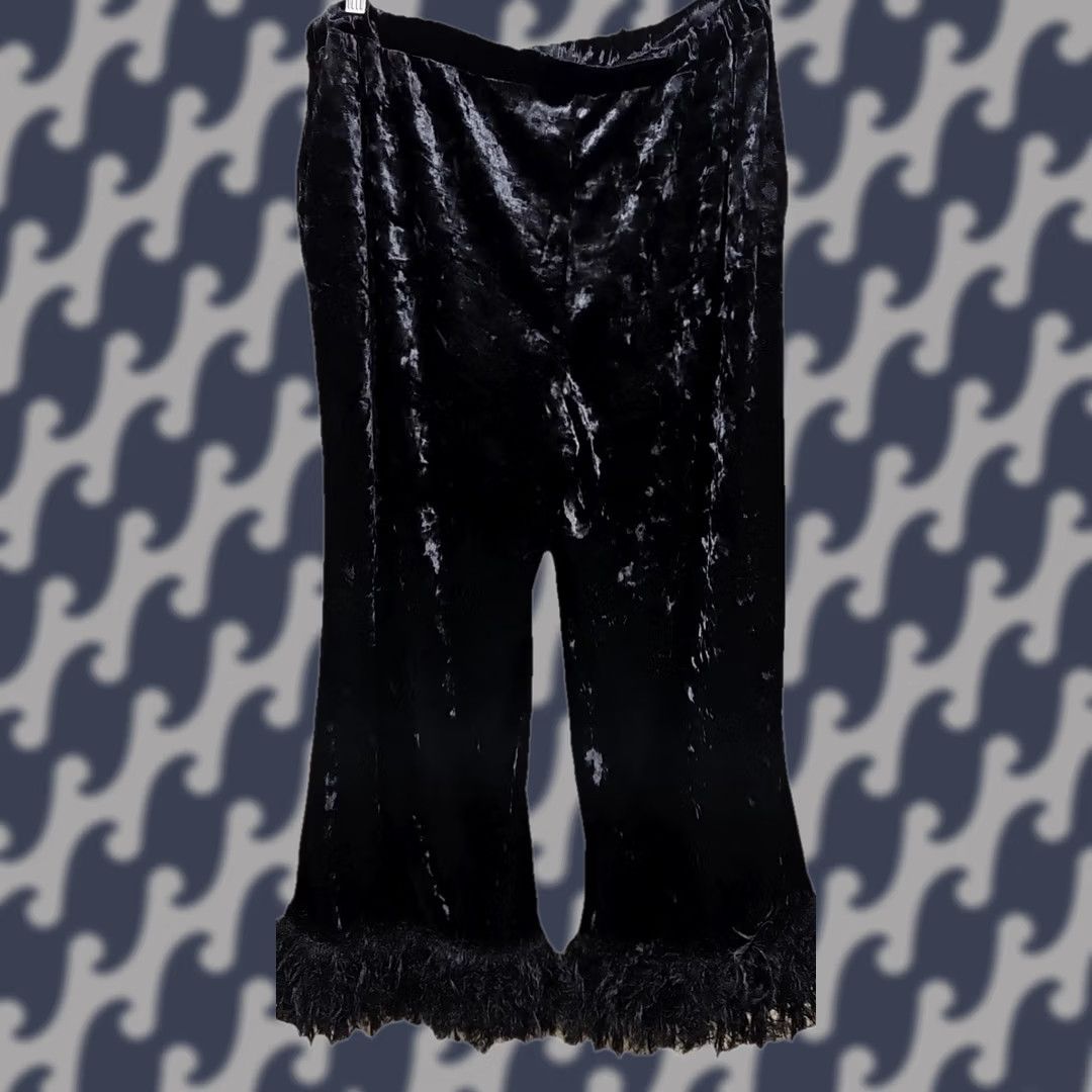 Velvet VINTAGE Black Velvet Feather Trim Bell Bottom Pants 2XL USA Y2K Glam Size 40" / US 18 - 1 Thumbnail