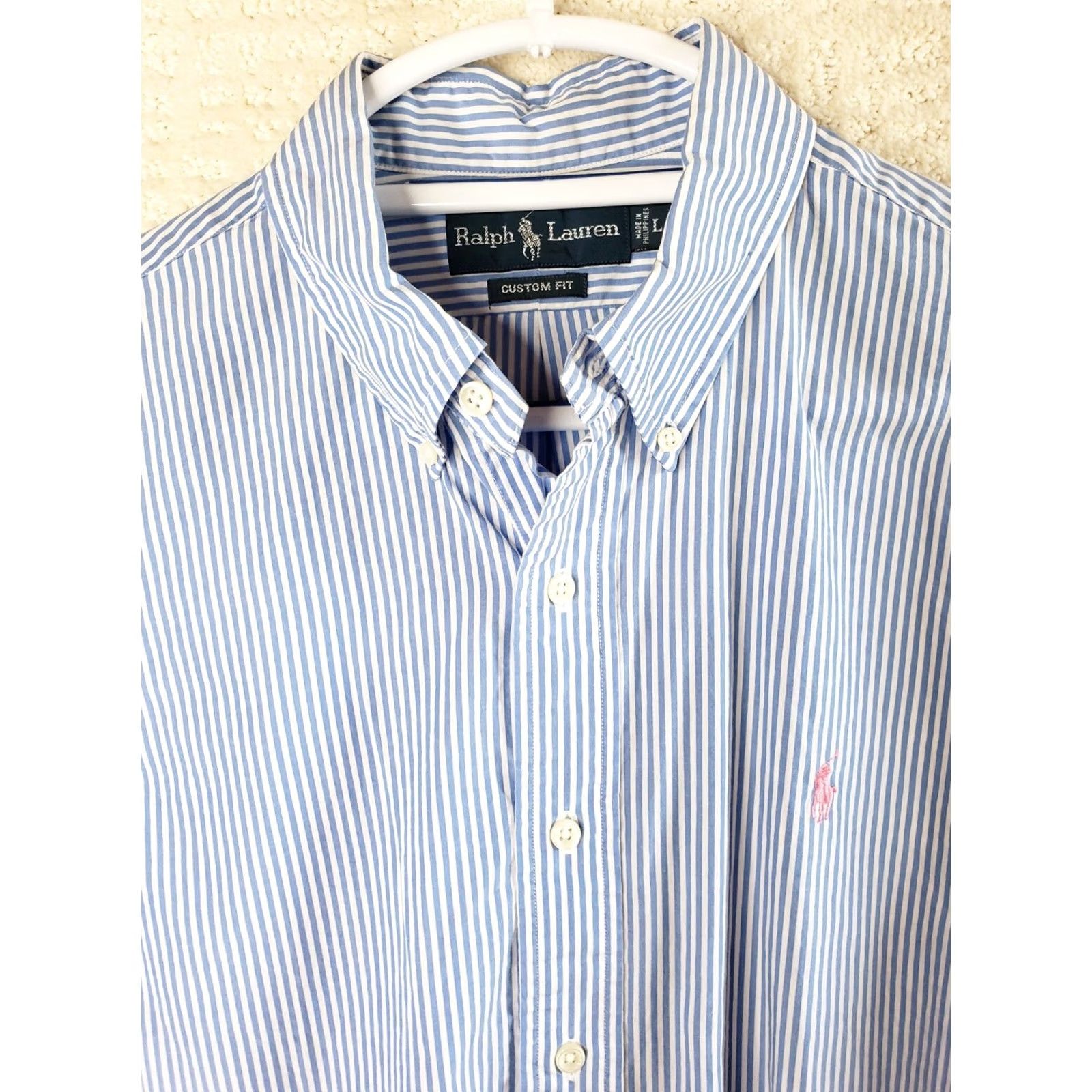 Ralph Lauren VINTAGE Ralph Lauren Dress Shirt Blue Striped Embroidered Pony Custom Fit Men's L Long Sleeve Button-Down Collar Shirt Size 42R - 3 Thumbnail