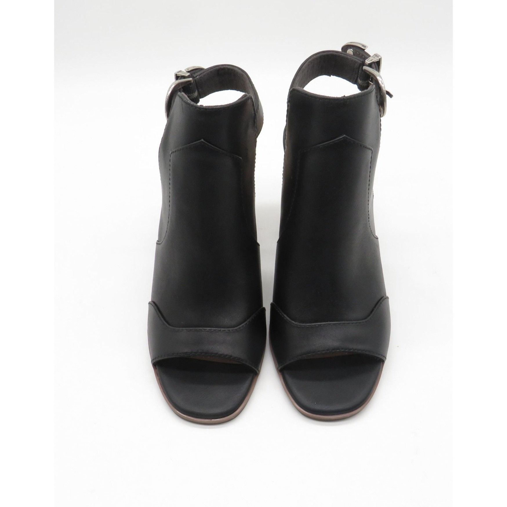 Seychelles Seychelles Women's Black Leather Peep-Toe Heeled Sandals Sil Size US 6 / IT 36 - 2 Thumbnail