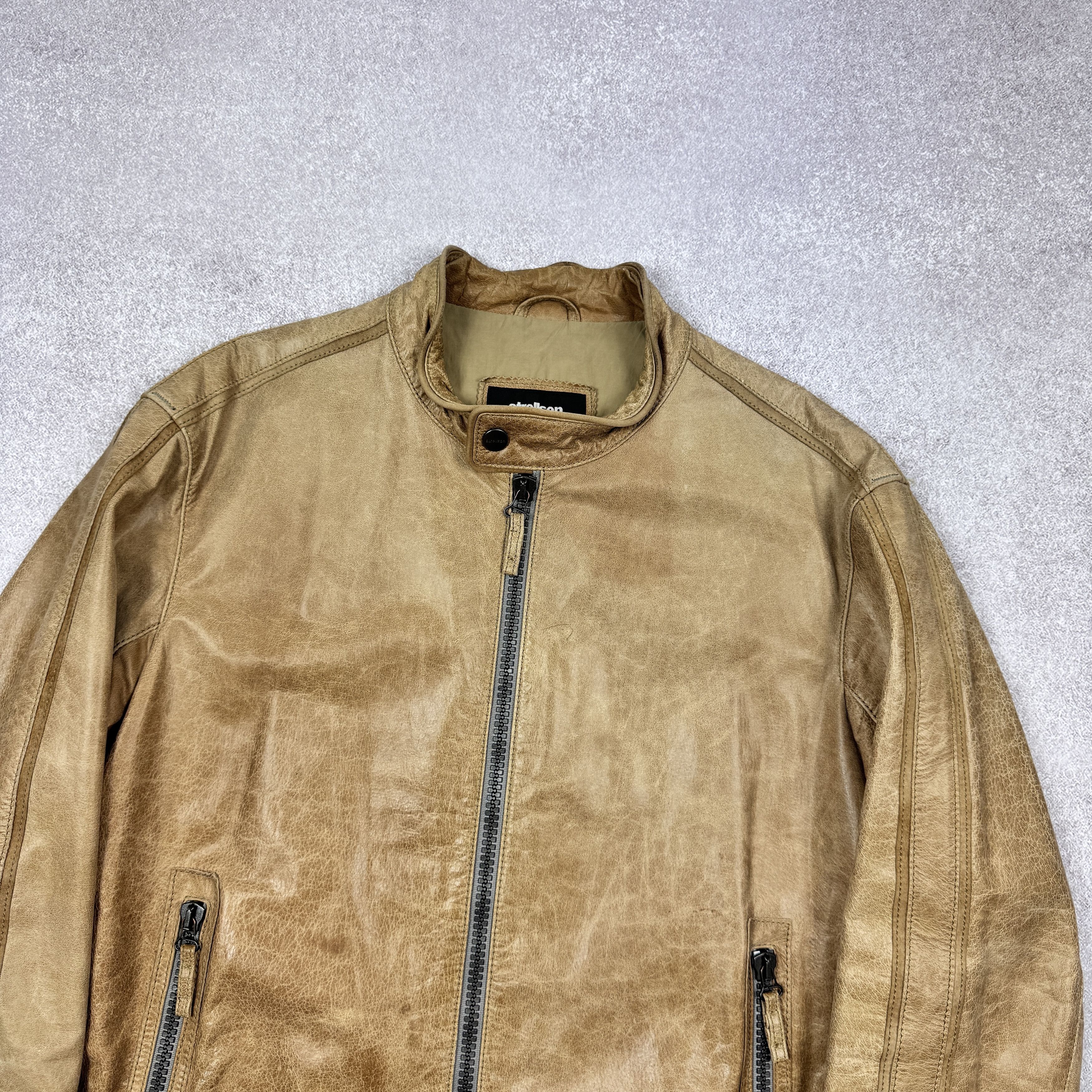 Genuine Leather × Strellson Men`s STRELLSON CARAMEL BROWN LEATHER BIKER JACKET SIZE L/52 Size US L / EU 52-54 / 3 - 2 Thumbnail