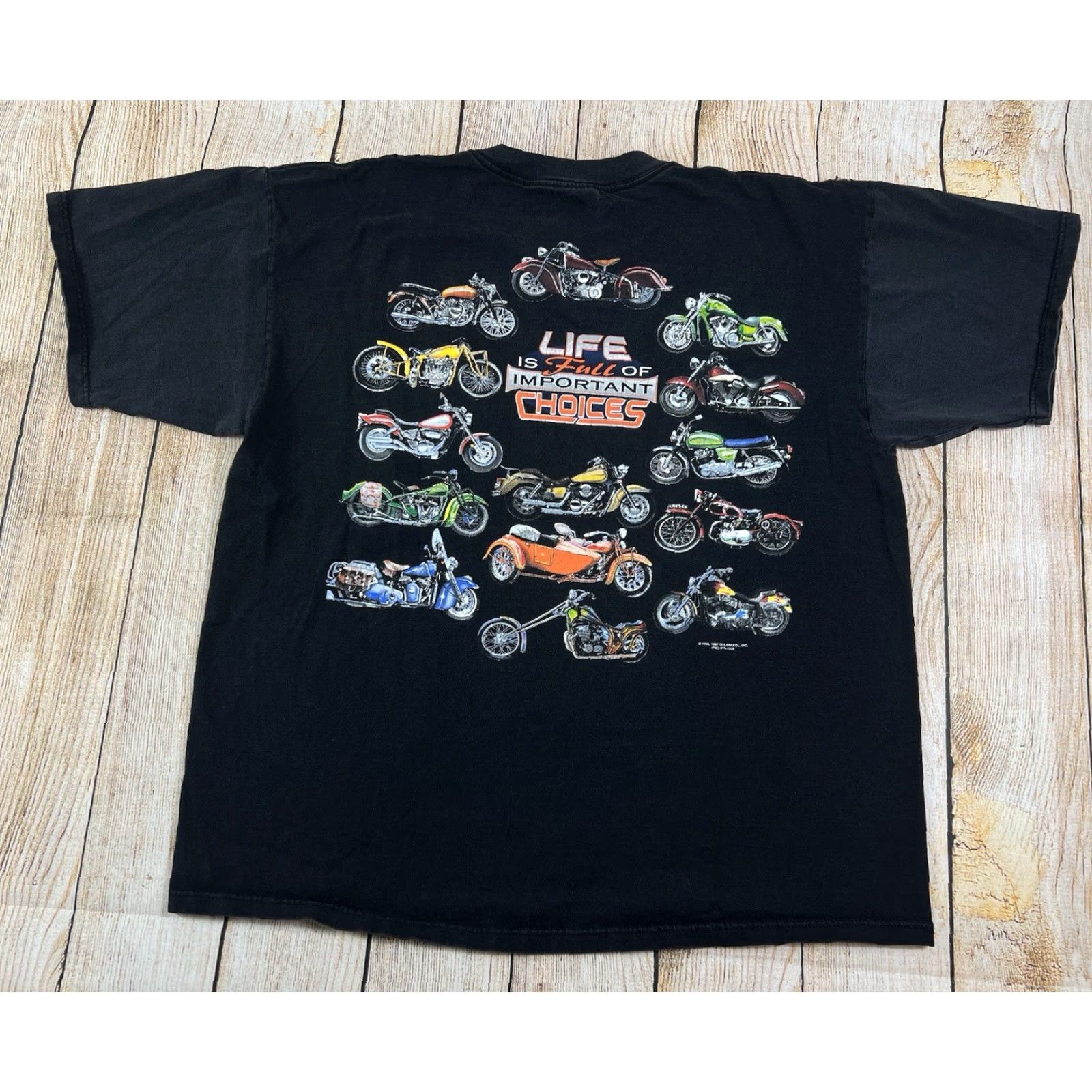 Alife VINTAGE 1996 Life Is Full Of Important Choices Motorcycle Biker Black T Shirt XL Mens Short Sleeve Crew Neck Cotton Graphic Print Tag Cut Off Size US XL / EU 56 / 4 - 2 Thumbnail