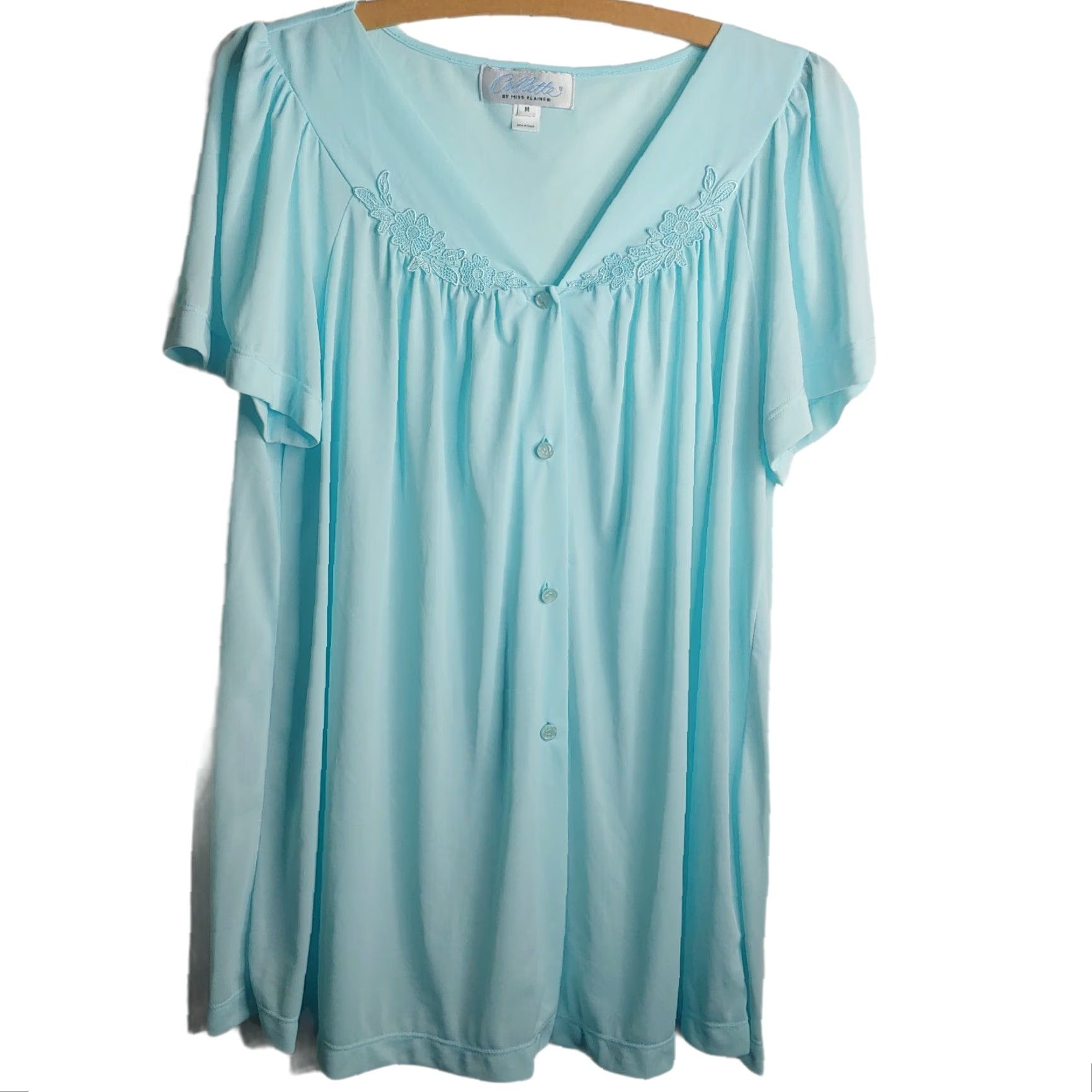Vintage Colette by Miss Elaine Sleep Shirt Womens M Floral Button Up Nylon Light Blue Sleepshirt 100% Nylon V-Neck Short Sleeve Size M / US 6-8 / IT 42-44 - 4 Thumbnail
