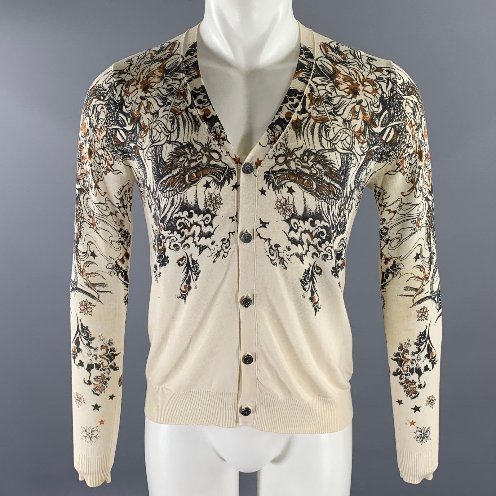 John Richmond JOHN RICHMOND S Cream Tan Dragon Print Cotton Silk Cardigan Size US S / EU 44-46 / 1 - 1 Thumbnail