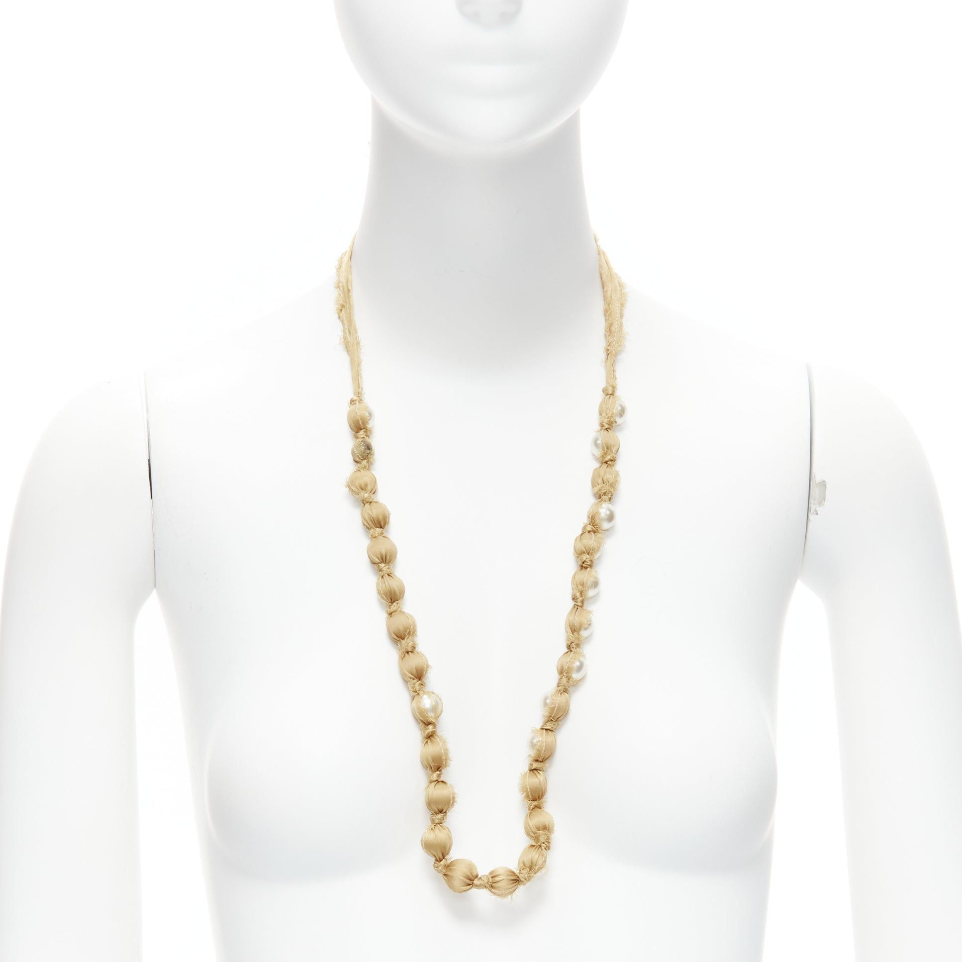 LANVIN ALBER ELBAZ gold silk ribbon cream pearl wrap long necklace